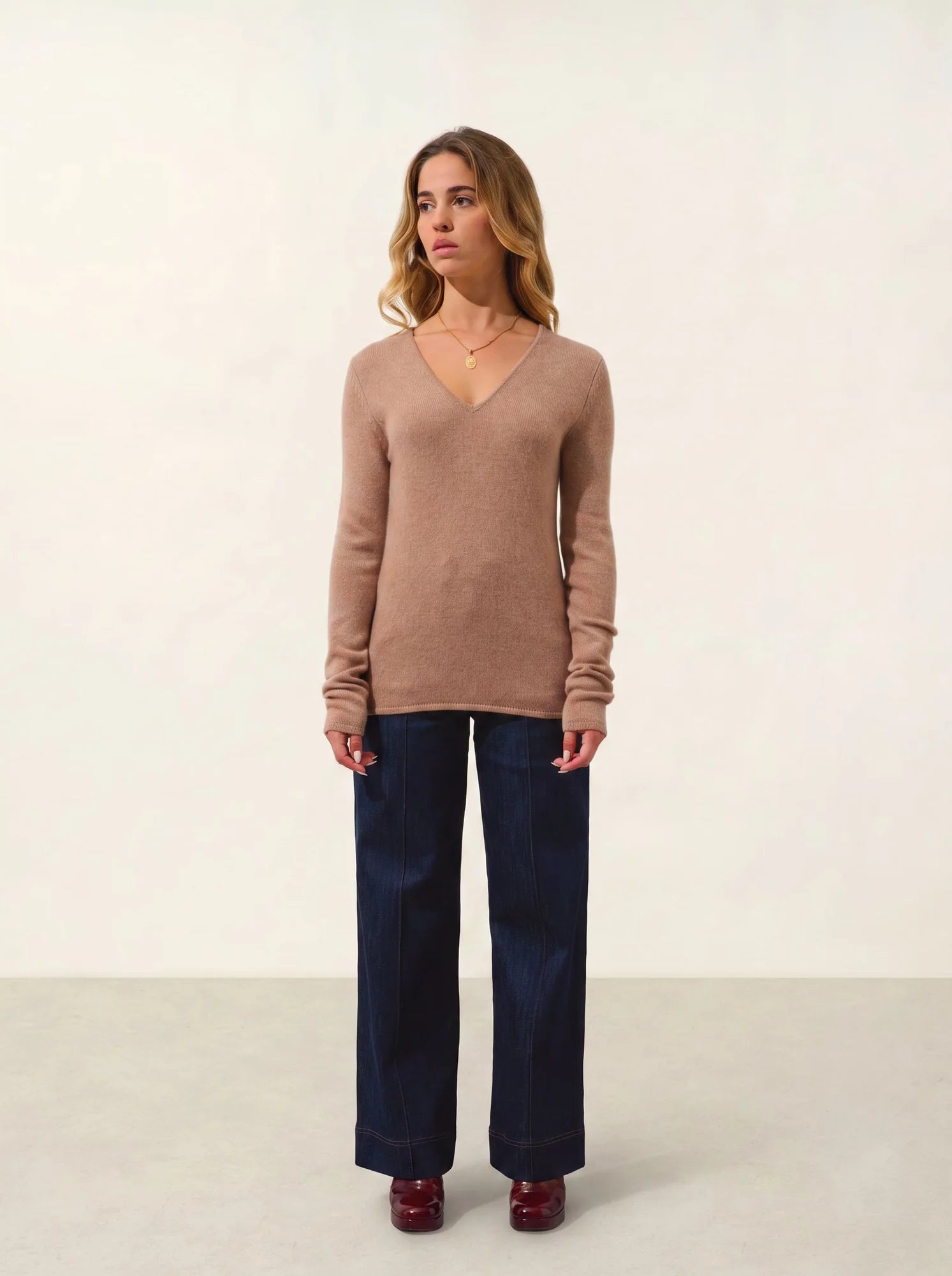 CHELSEA Pullover V-Ausschnitt 4-fädig Camel meliert
