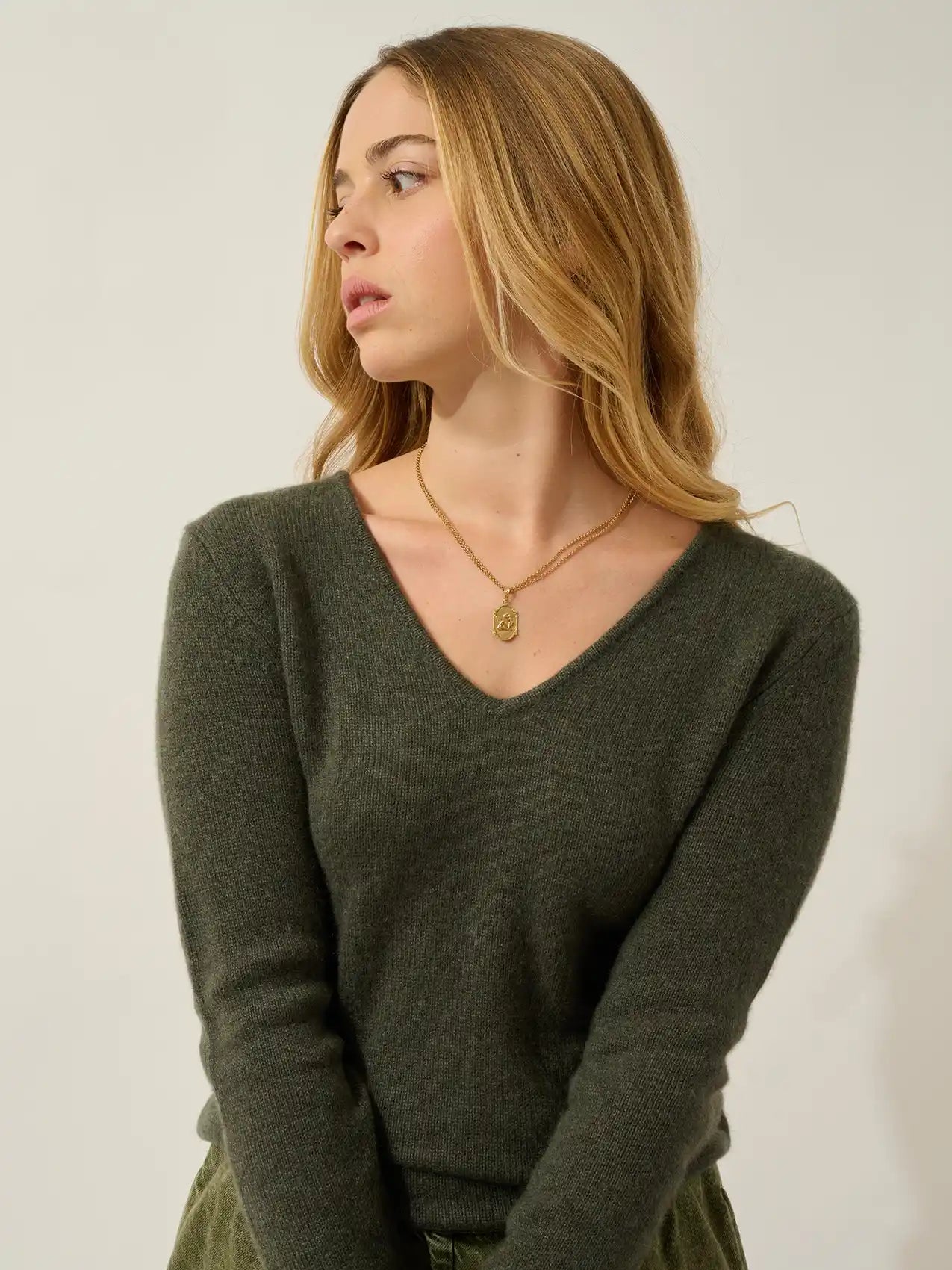 CHELSEA pullover v-ausschnitt 4-fädig khaki meliert