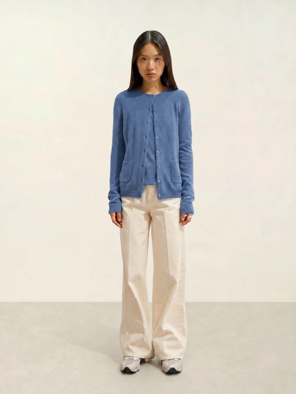 CARON cardigan col rond bleu denim