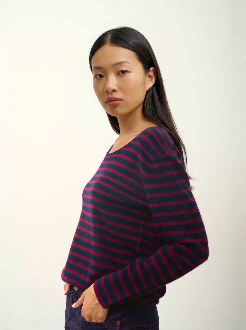 LANFON pull col rond bordeaux et bleu marine