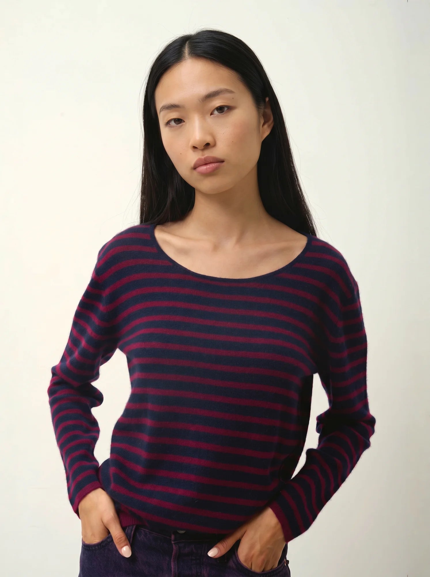 LANFON pull col rond bordeaux et bleu marine