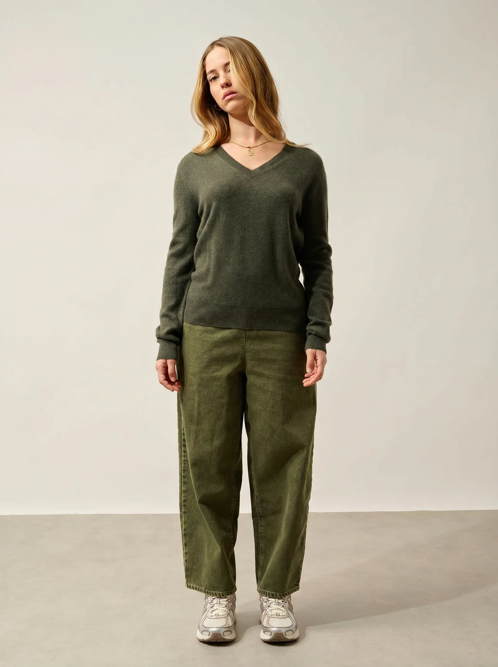 GARDORIA Pullover V-Ausschnitt Khaki meliert