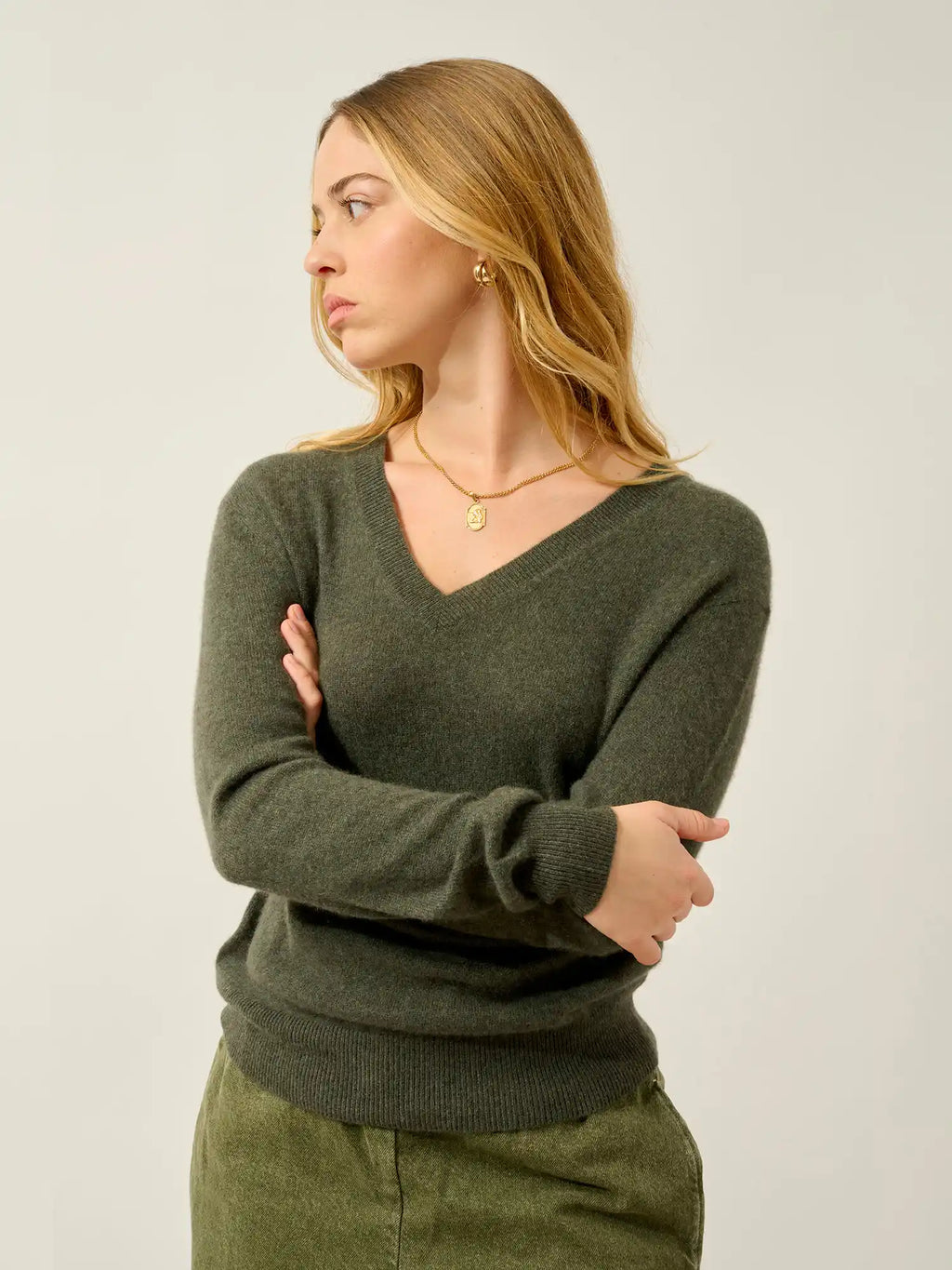 GARDORIA Pullover V-Ausschnitt Khaki meliert