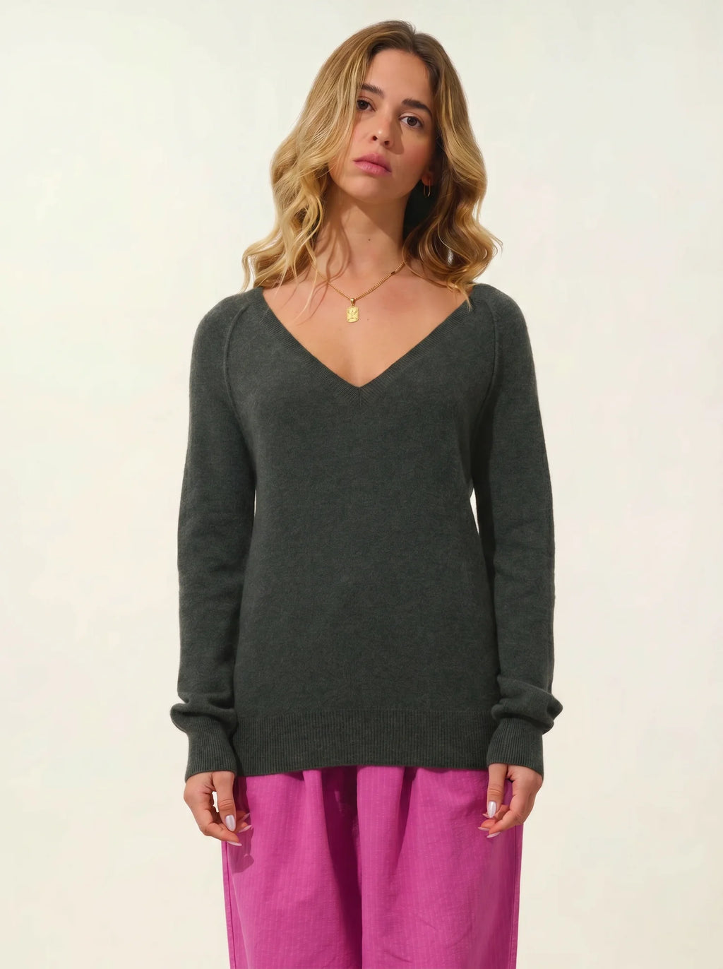 GIUSALET Pullover V-Ausschnitt Khaki meliert