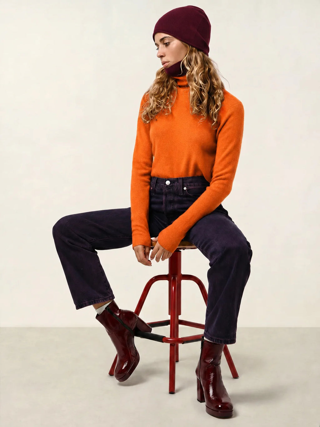 BISE Pull Col Roulé Orange Fluo