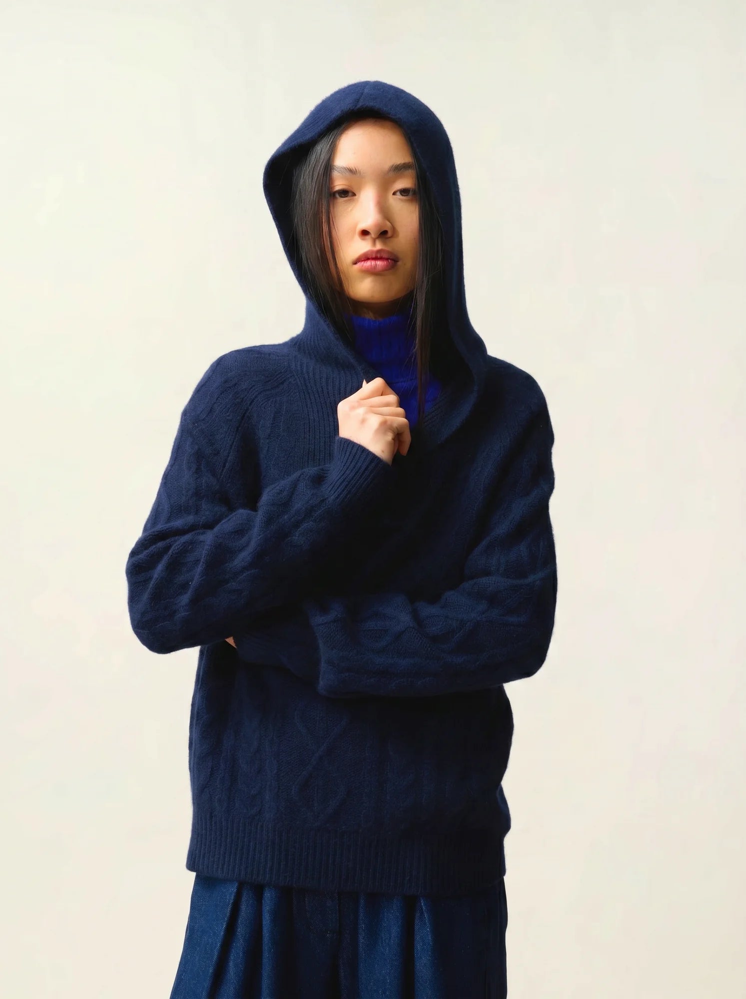 KHANDRO sweater hooded 6 ply navy