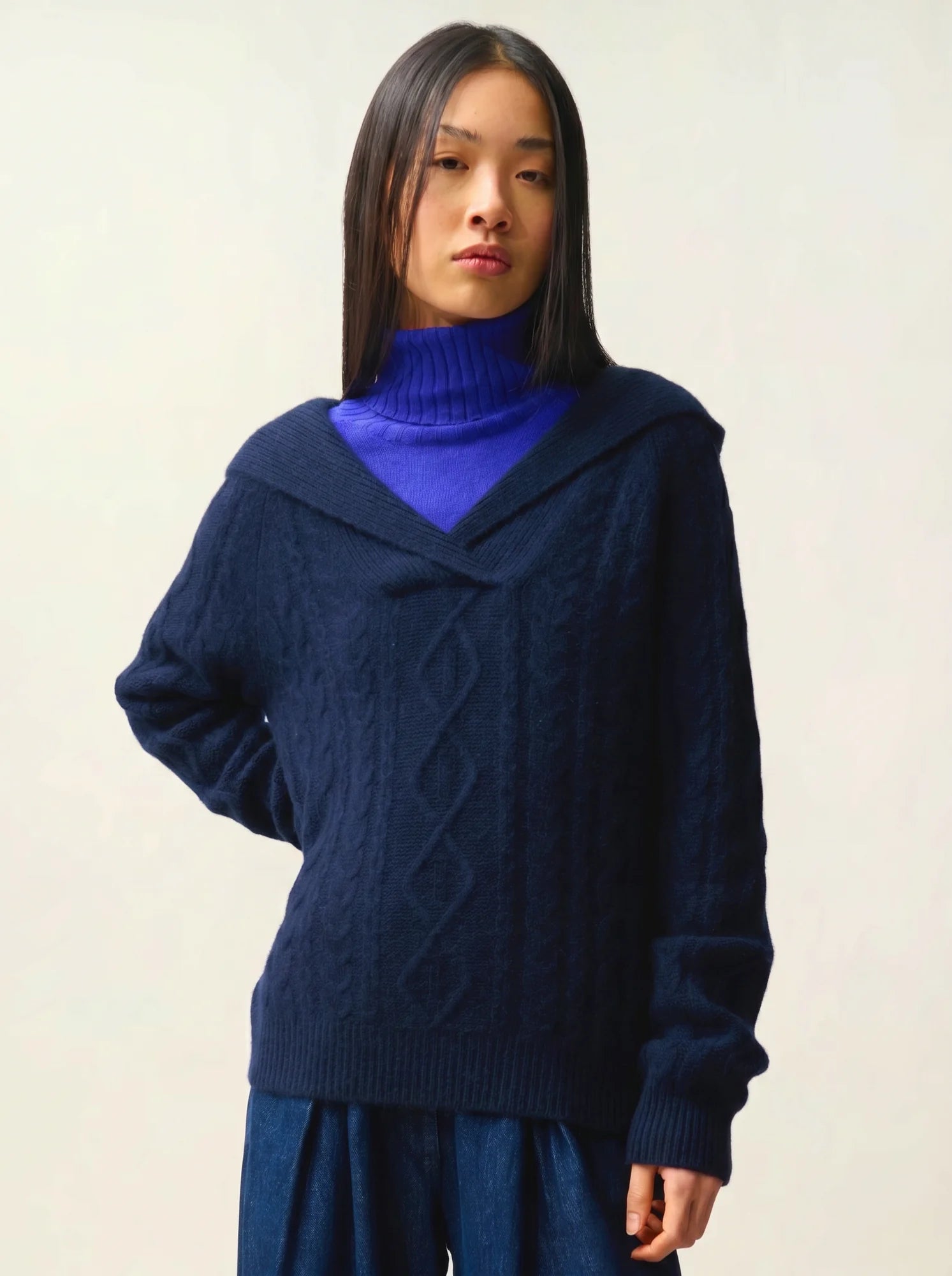 KHANDRO sweater hooded 6 ply navy