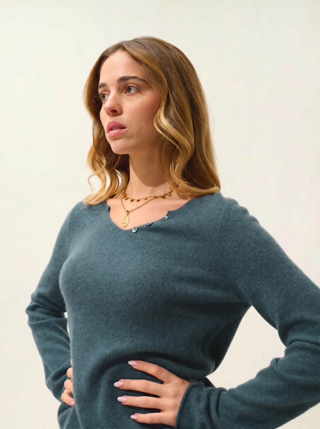 BODMIN Pullover Henley-Ausschnitt Grün Petrol meliert