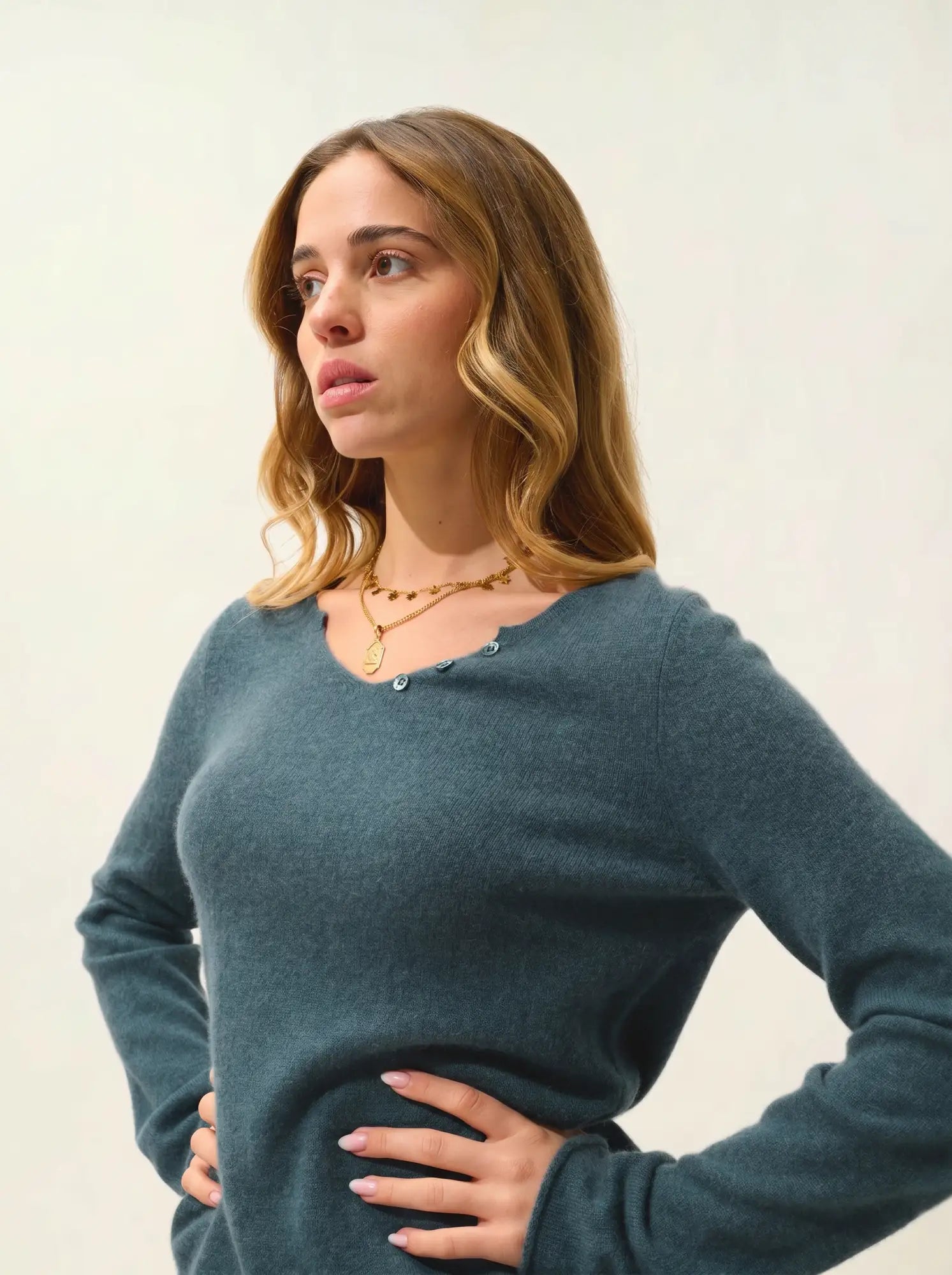 BODMIN Pullover Henley-Ausschnitt Grün Petrol meliert
