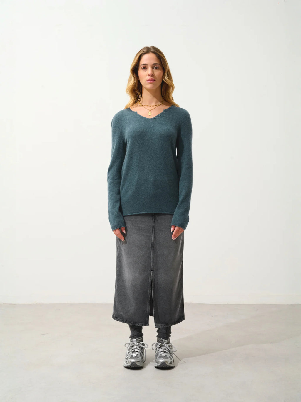BODMIN Pullover Henley-Ausschnitt Grün Petrol meliert