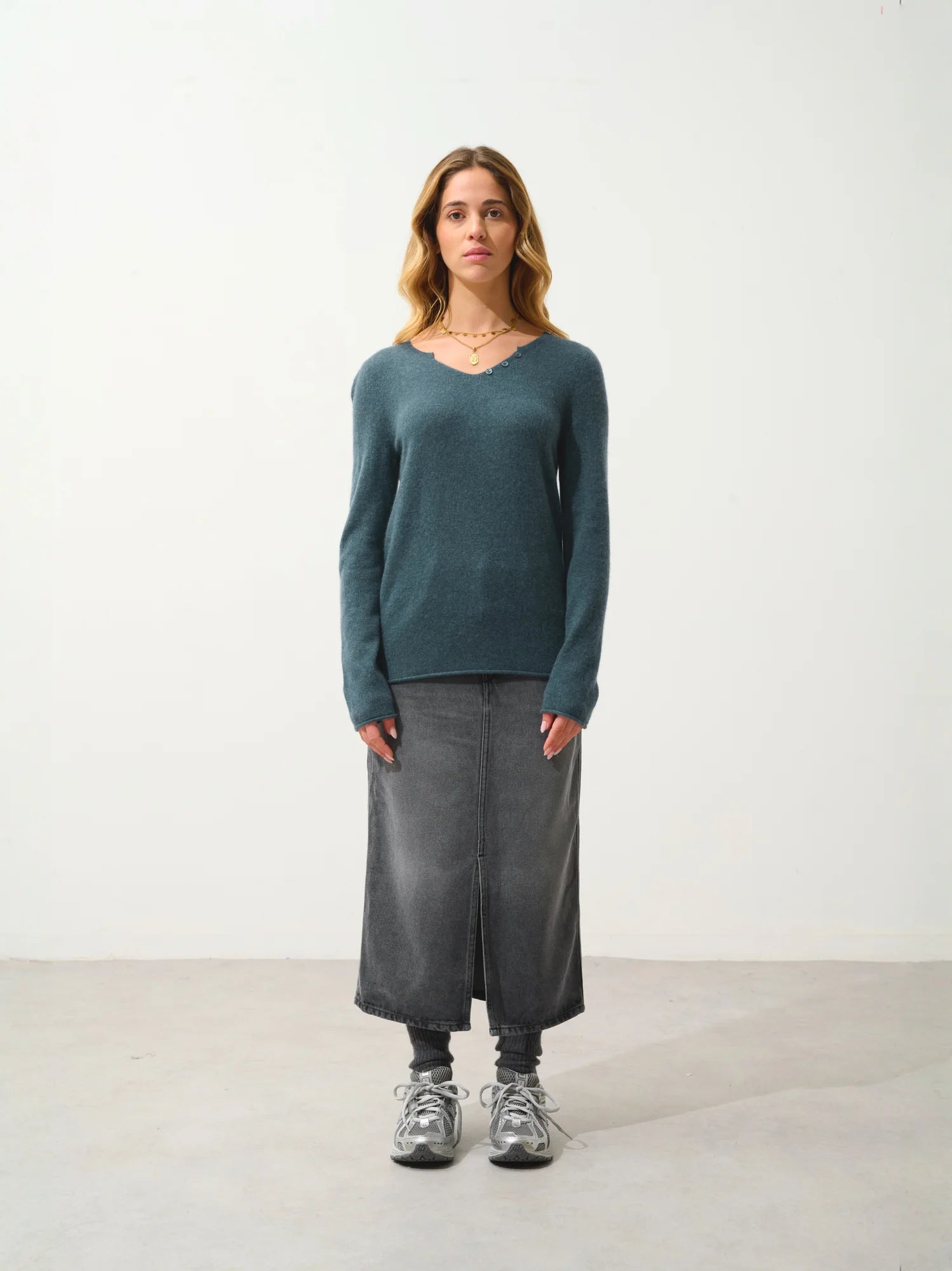 BODMIN Pullover Henley-Ausschnitt Grün Petrol meliert