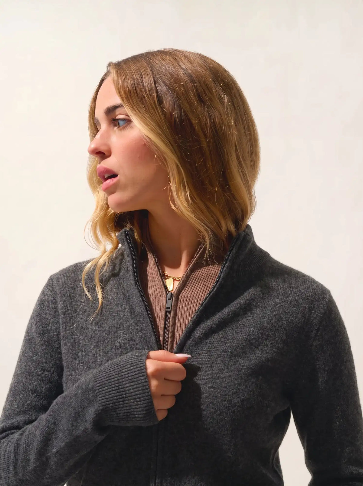 ALBERTE Gilet Zippé Col Montant Anthracite Chiné