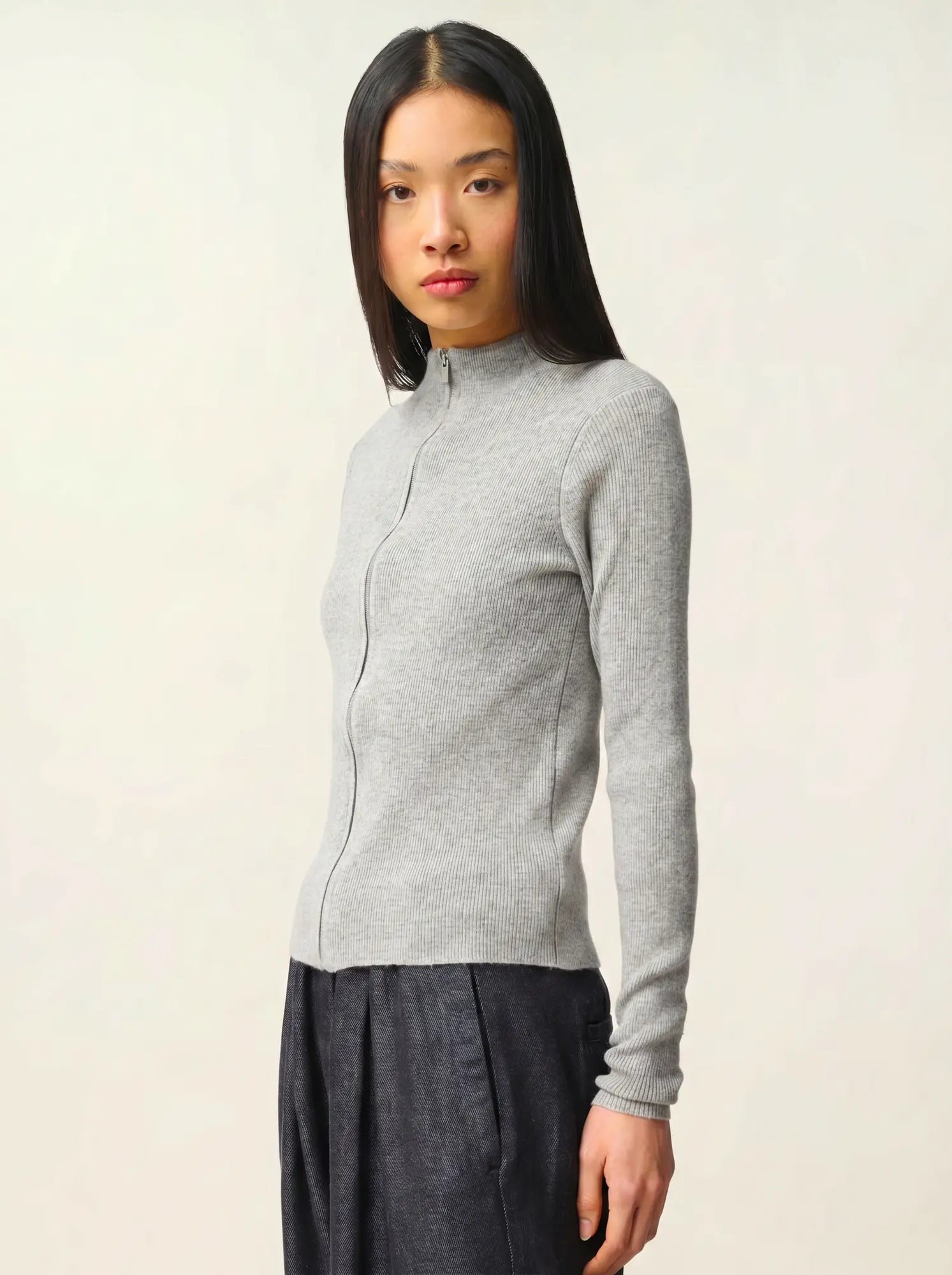 ALBERTE gilet zippé col montant gris chiné