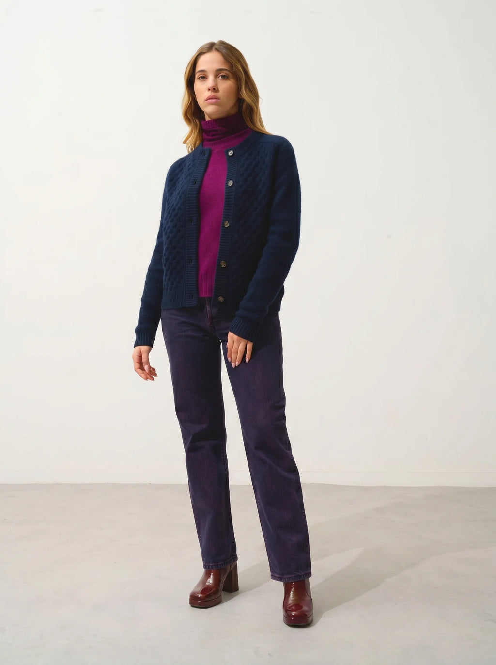 JINPA cardigan col rond 8 fils bleu marine