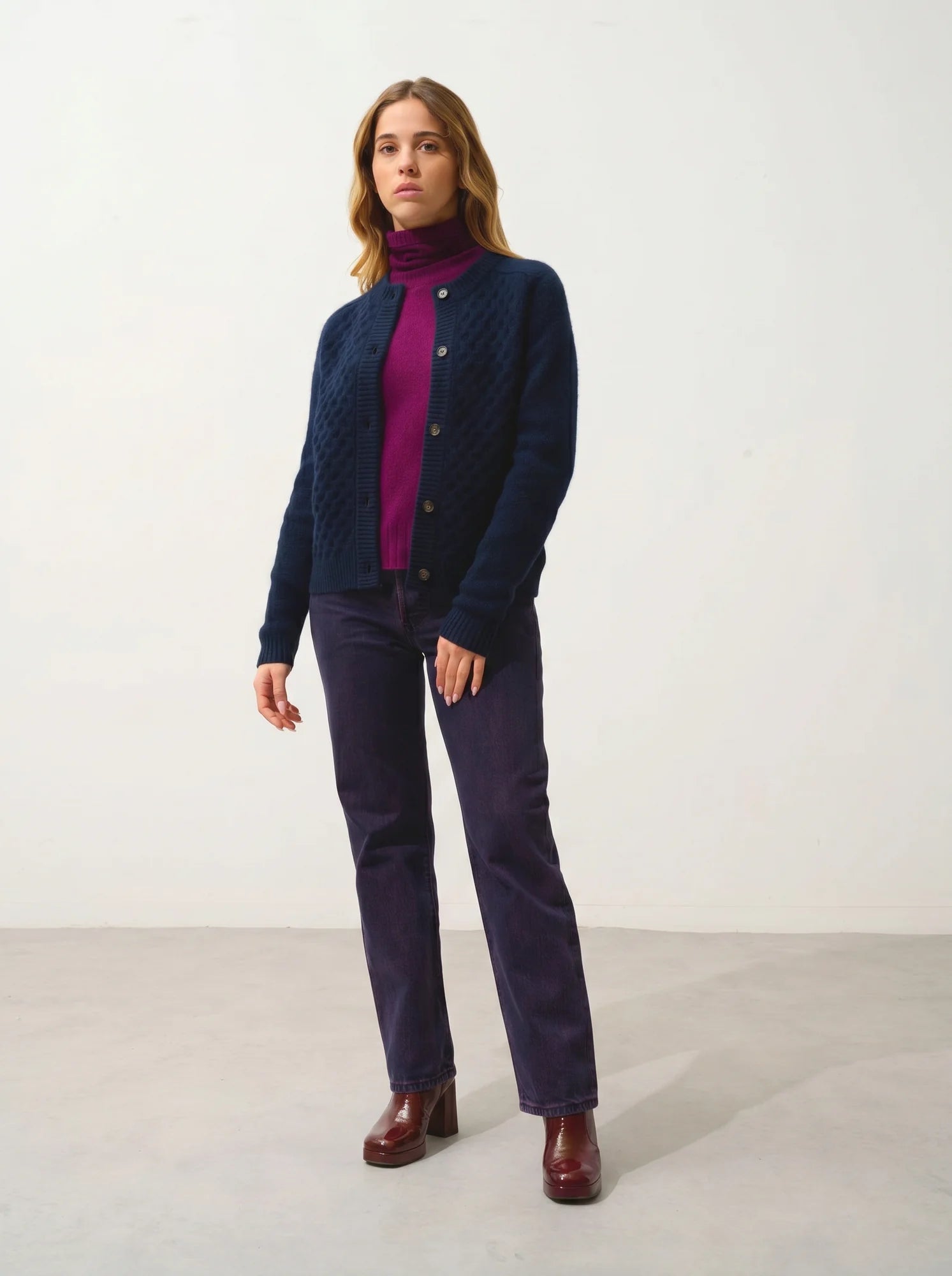 JINPA cardigan col rond 8 fils bleu marine