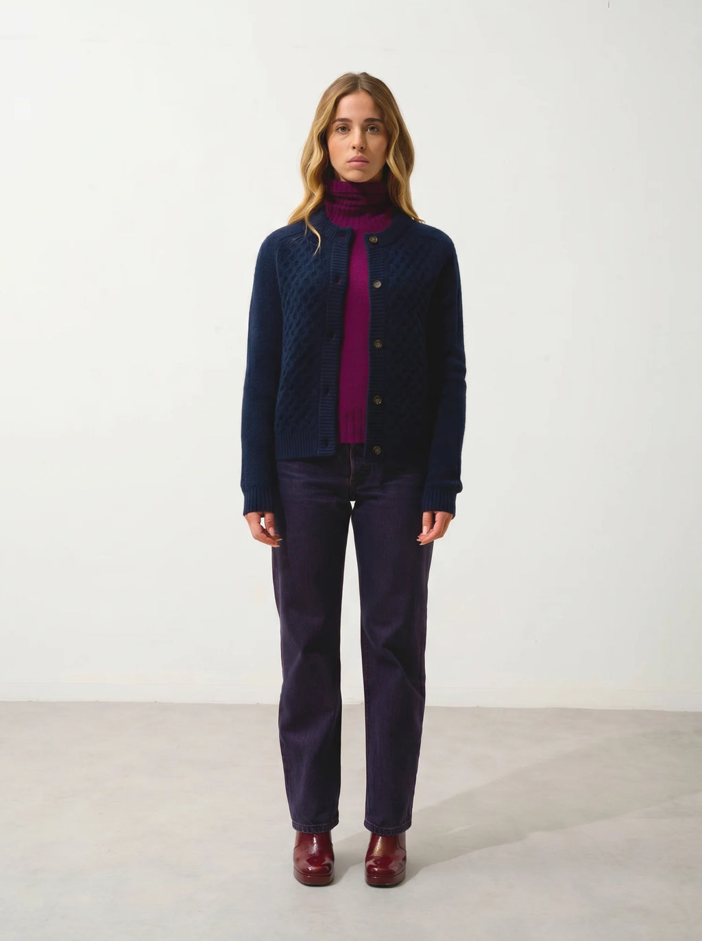 JINPA cardigan col rond 8 fils bleu marine