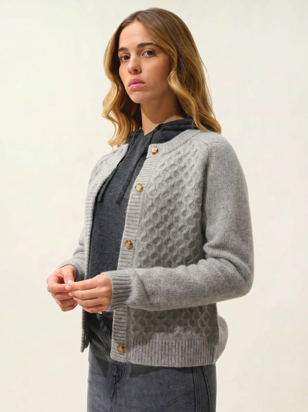 JINPA cardigan crew neck 8 ply heather cloud