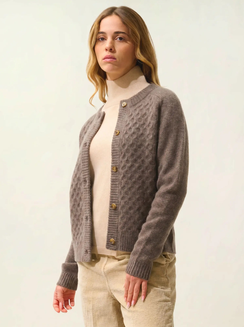 JINPA cardigan crew neck 8 ply heather taupe