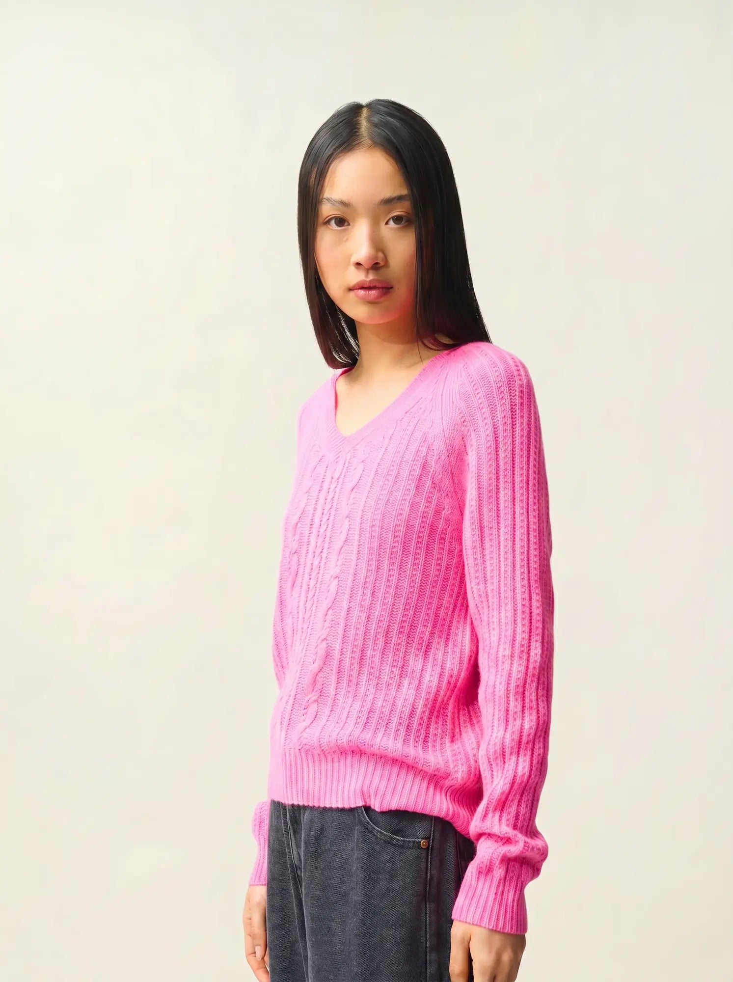 INDIRA pullover v-ausschnitt 6-fädig rosa neon