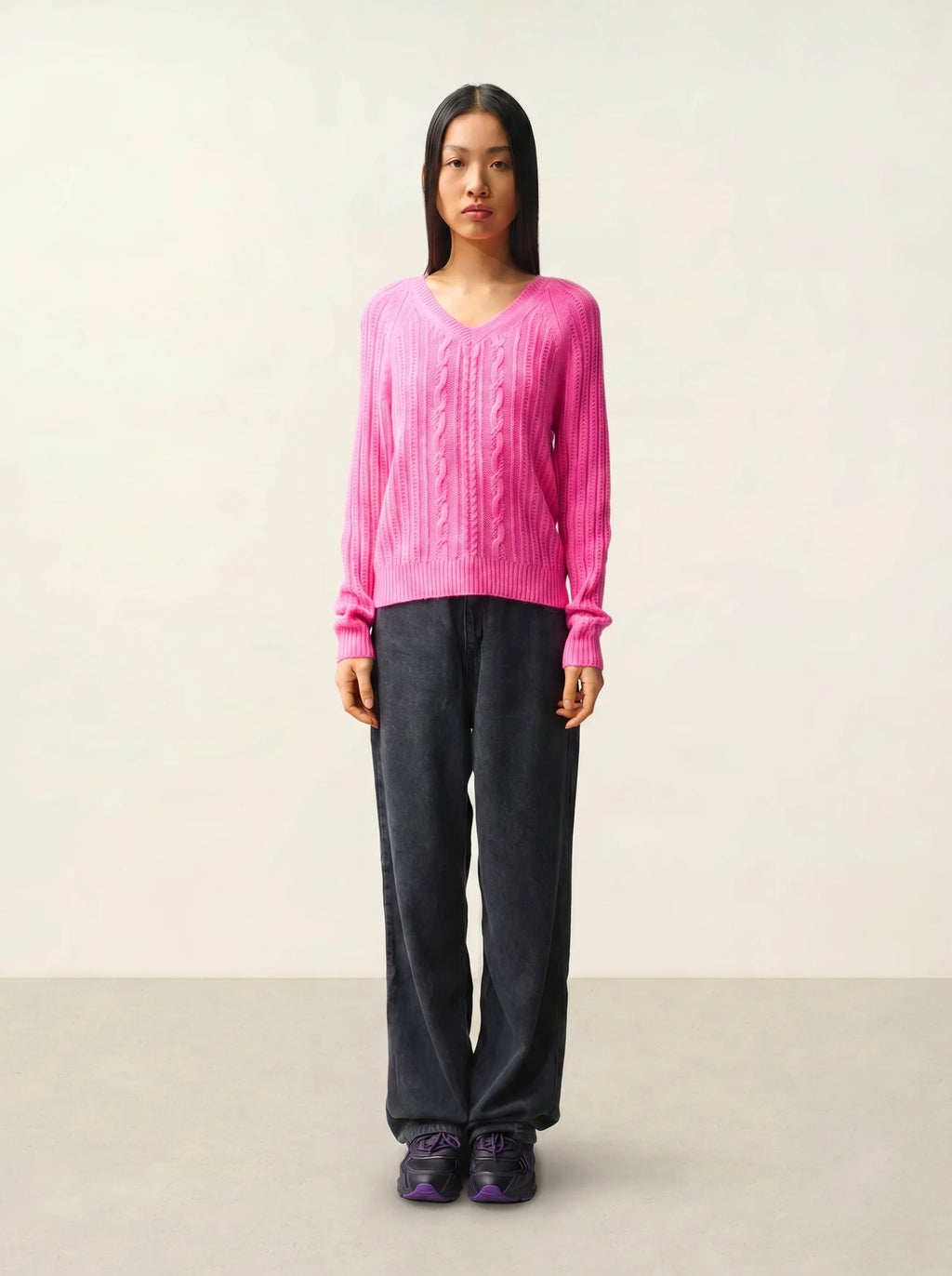 INDIRA pullover v-ausschnitt 6-fädig rosa neon