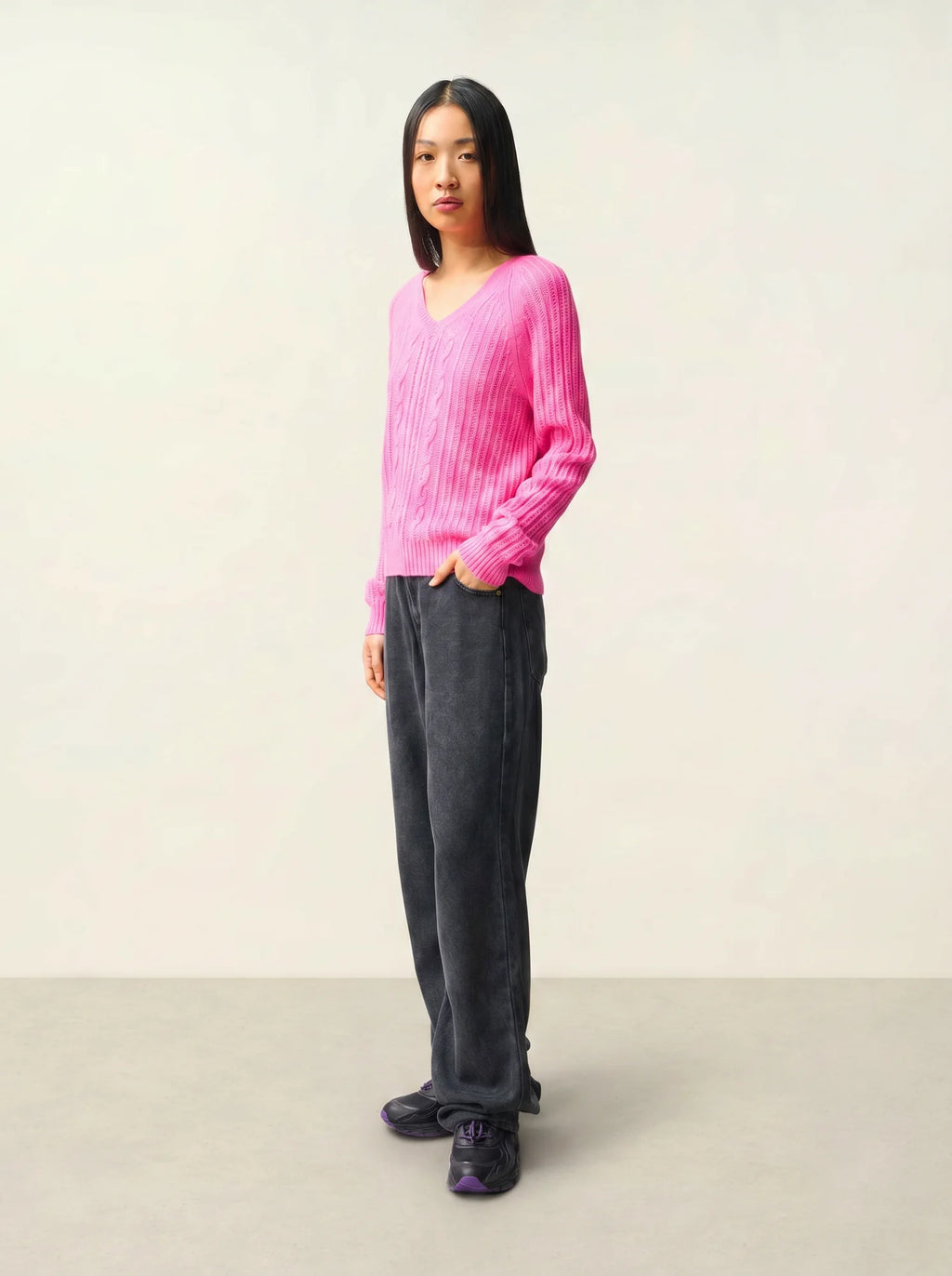 INDIRA pullover v-ausschnitt 6-fädig rosa neon