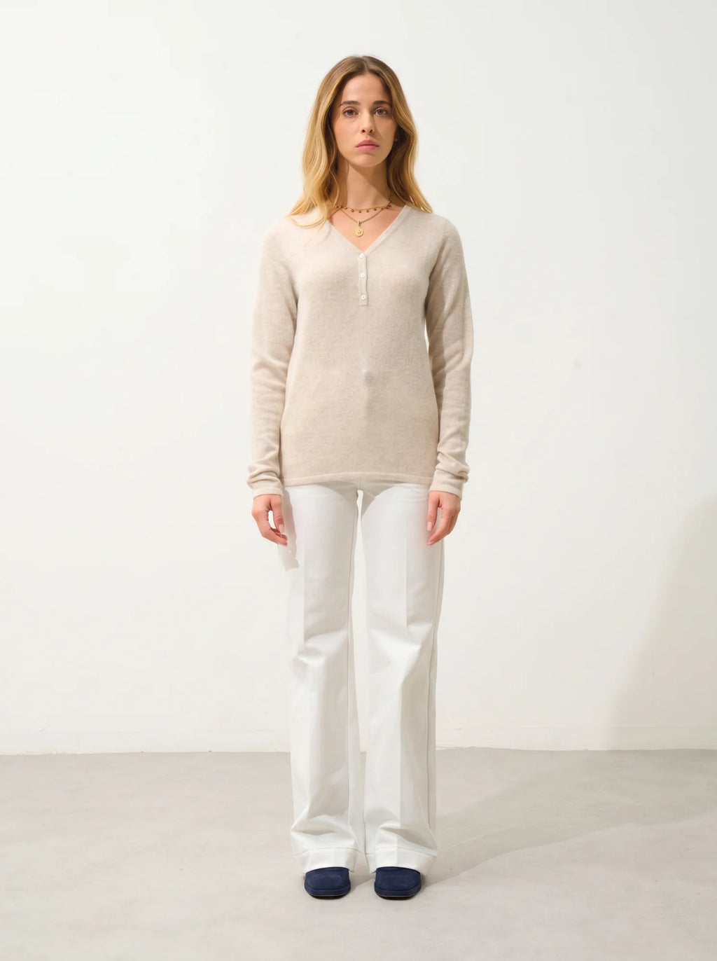 GABLE Pullover V-Ausschnitt geknöpft Beige meliert