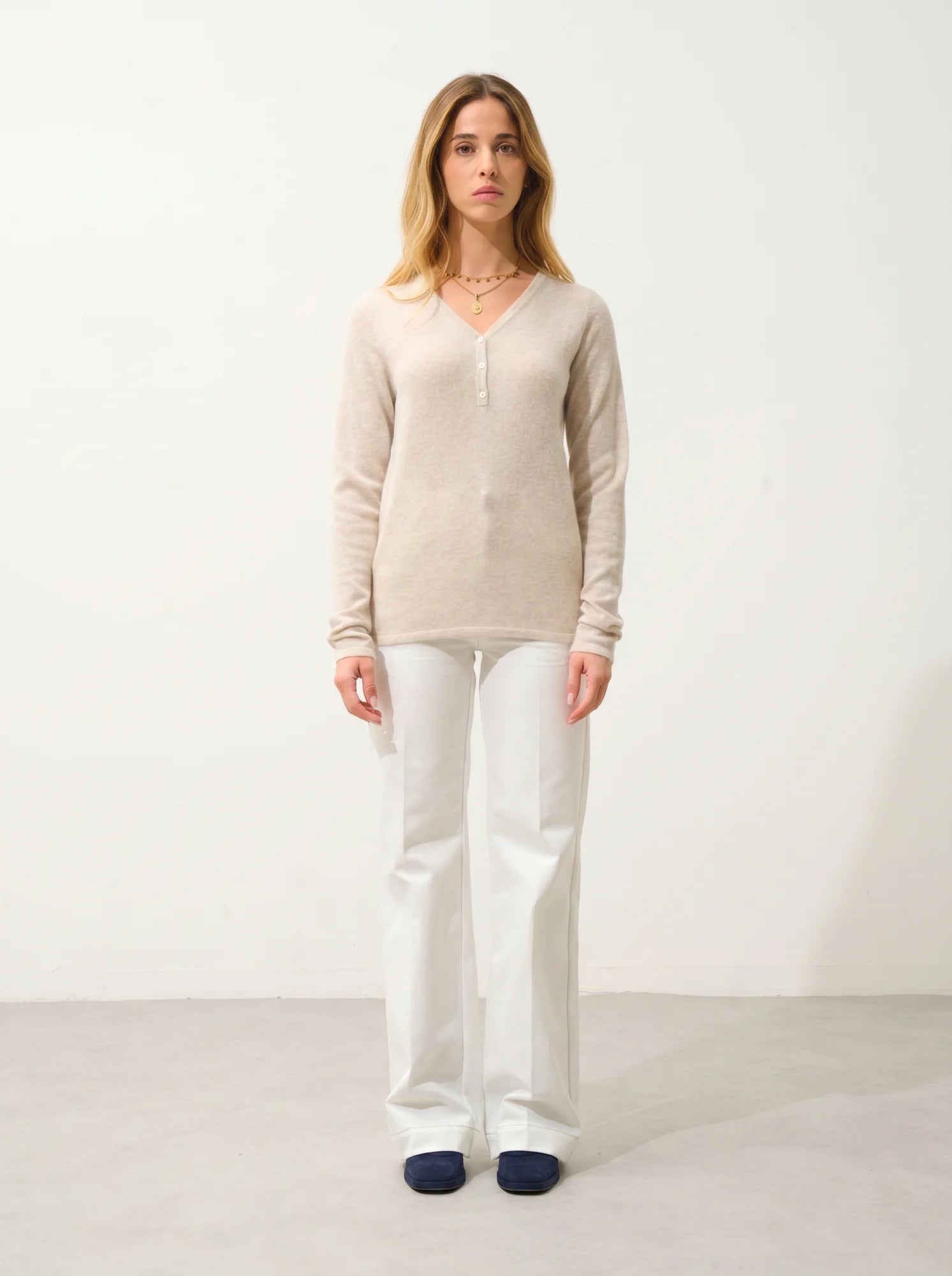 GABLE Pullover V-Ausschnitt geknöpft Beige meliert