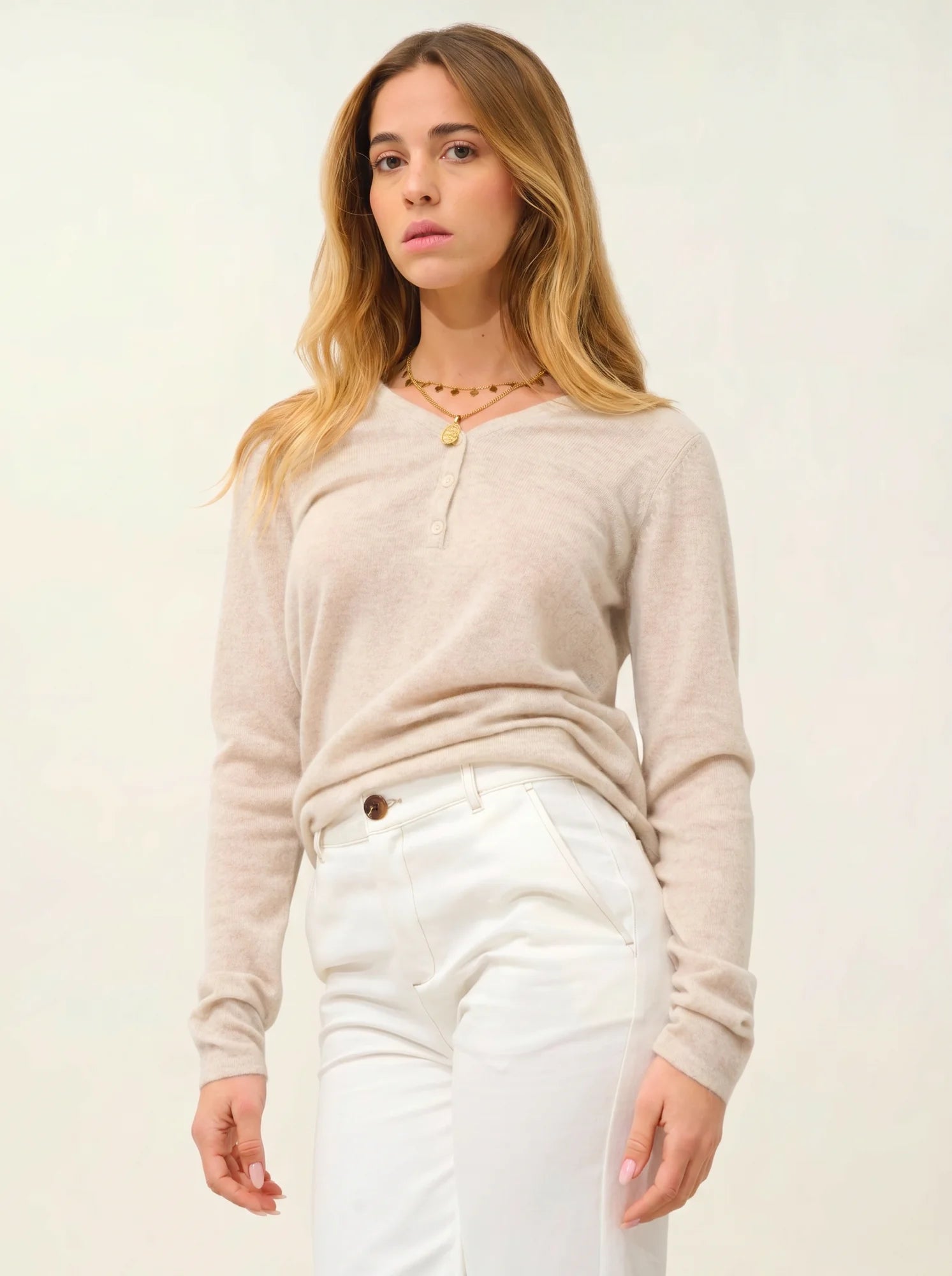GABLE Pullover V-Ausschnitt geknöpft Beige meliert