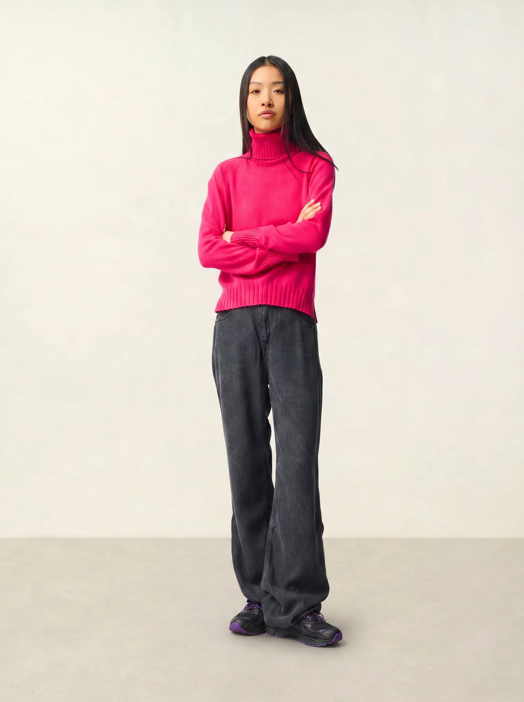 CASSY pull col roulé fuchsia