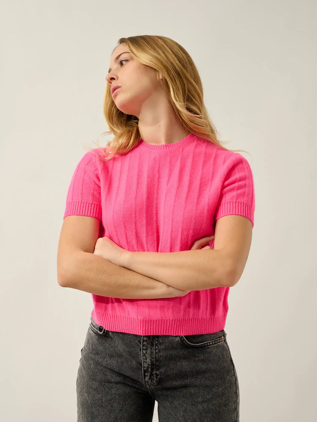 ELIRA t-shirt col rond rose fluo
