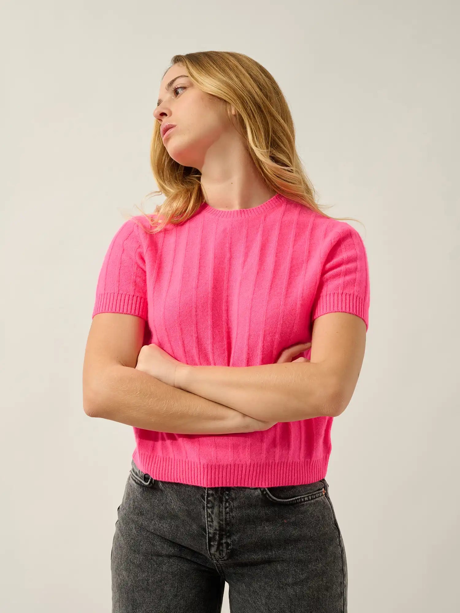 ELIRA t-shirt col rond rose fluo