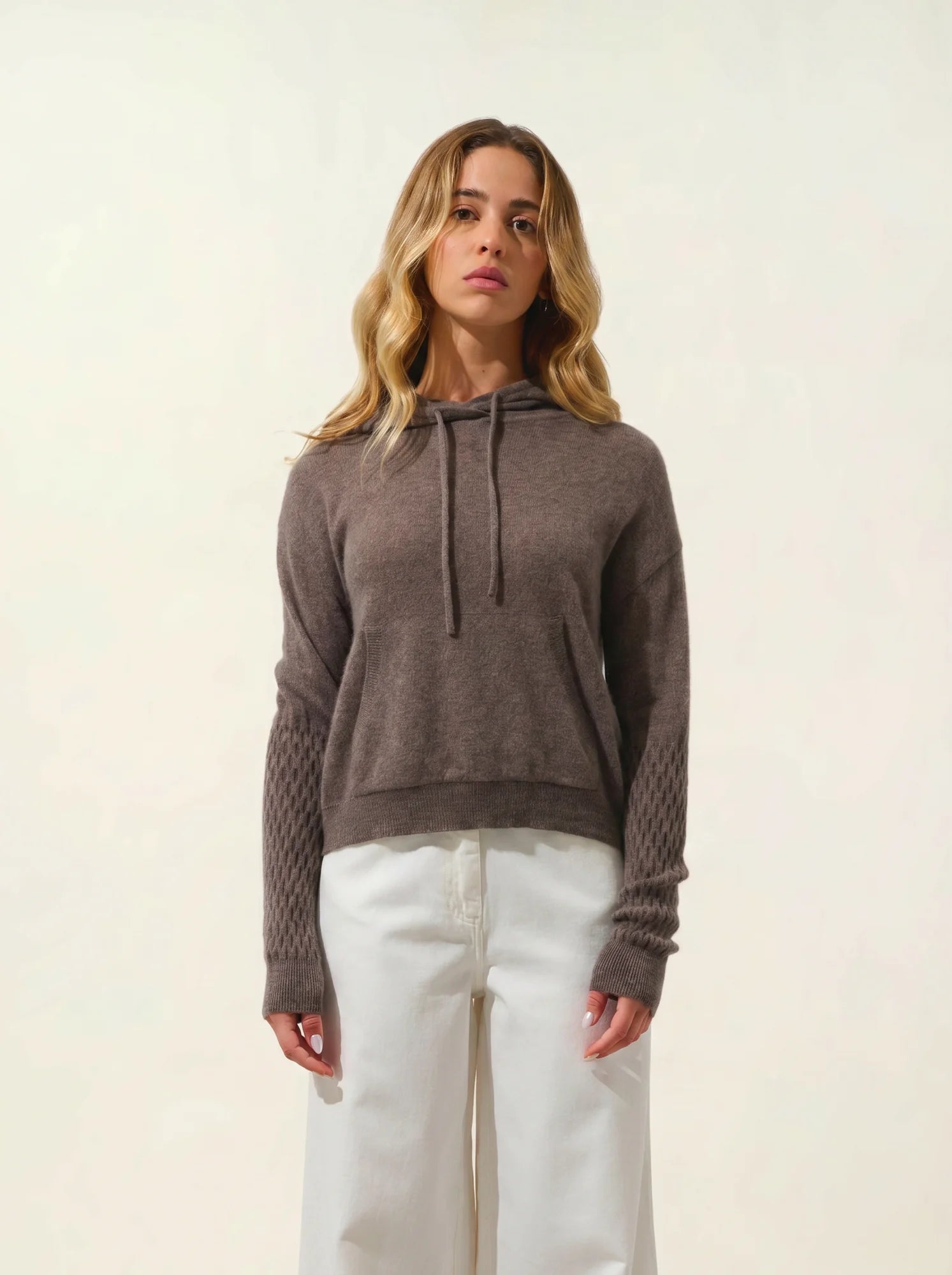 ELOWEN pull capuche taupe chiné