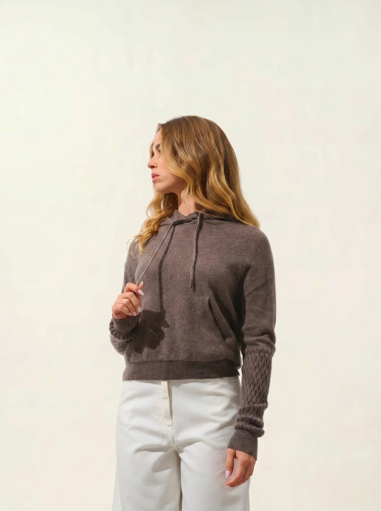 ELOWEN pull capuche taupe chiné