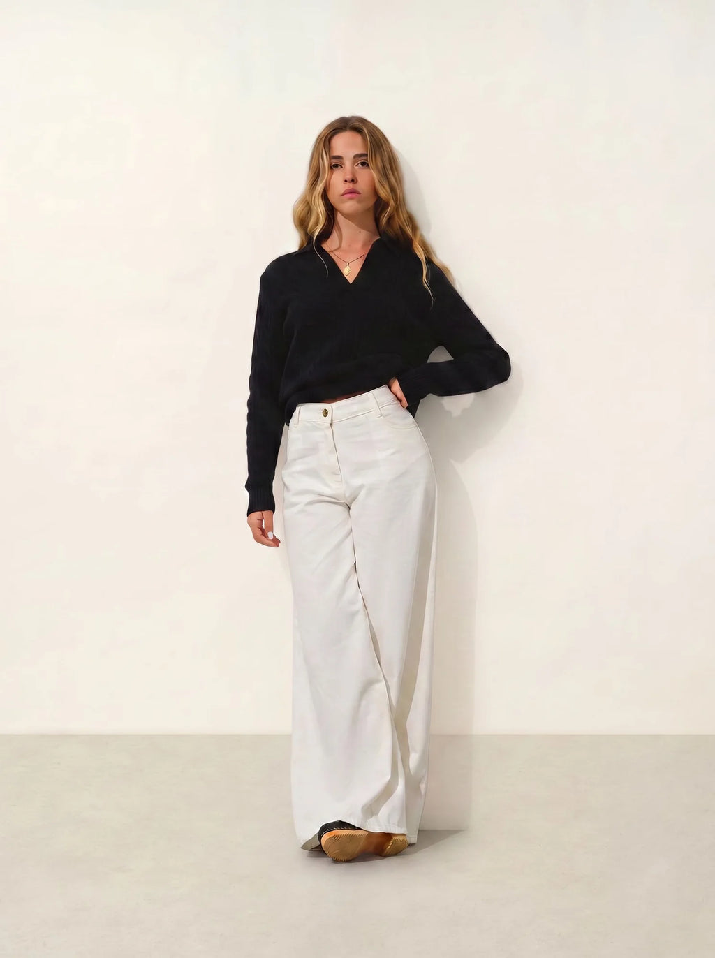 ELYSANDRA pull col polo ouvert 4 fils noir