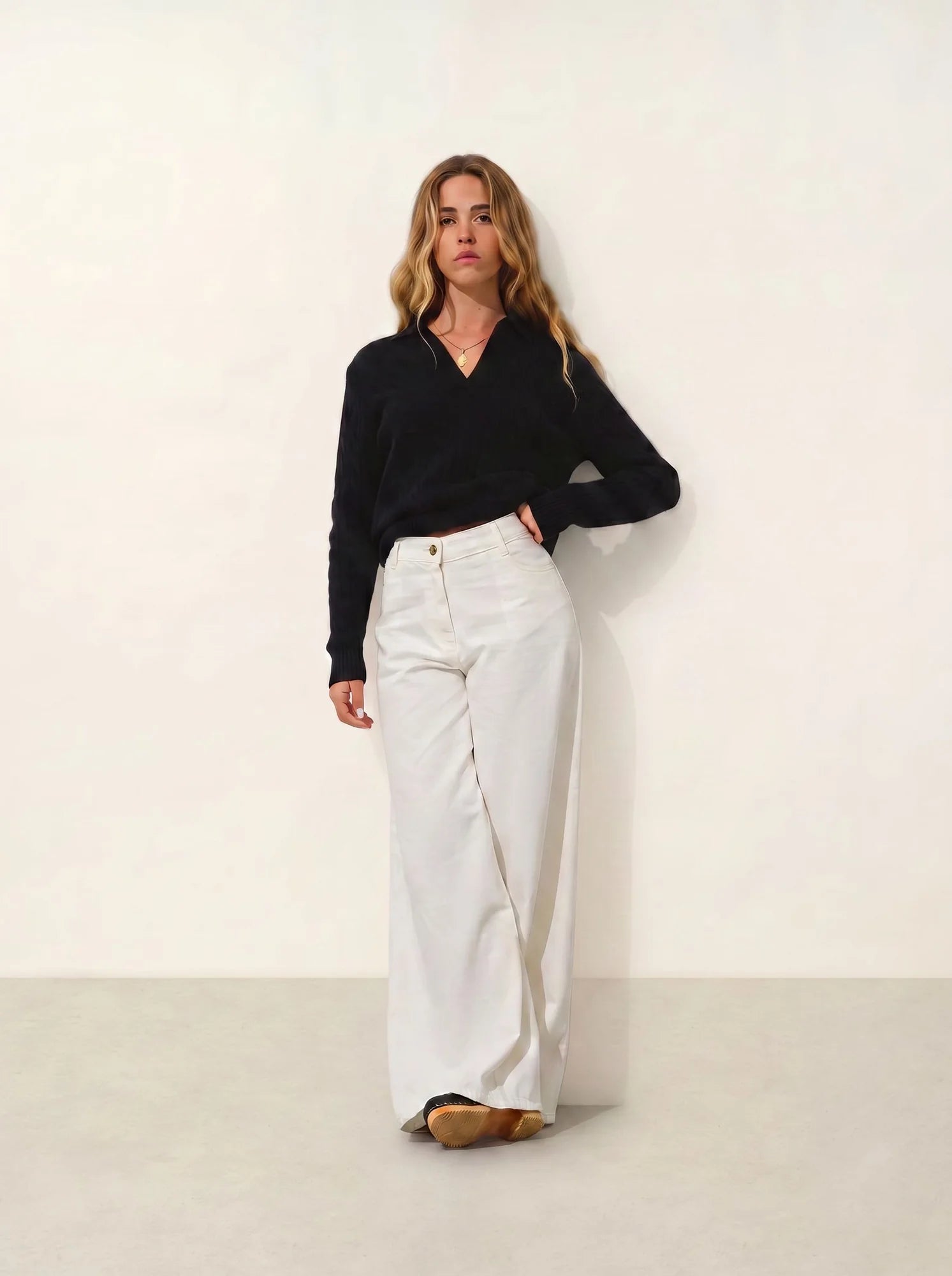 ELYSANDRA pull col polo ouvert 4 fils noir