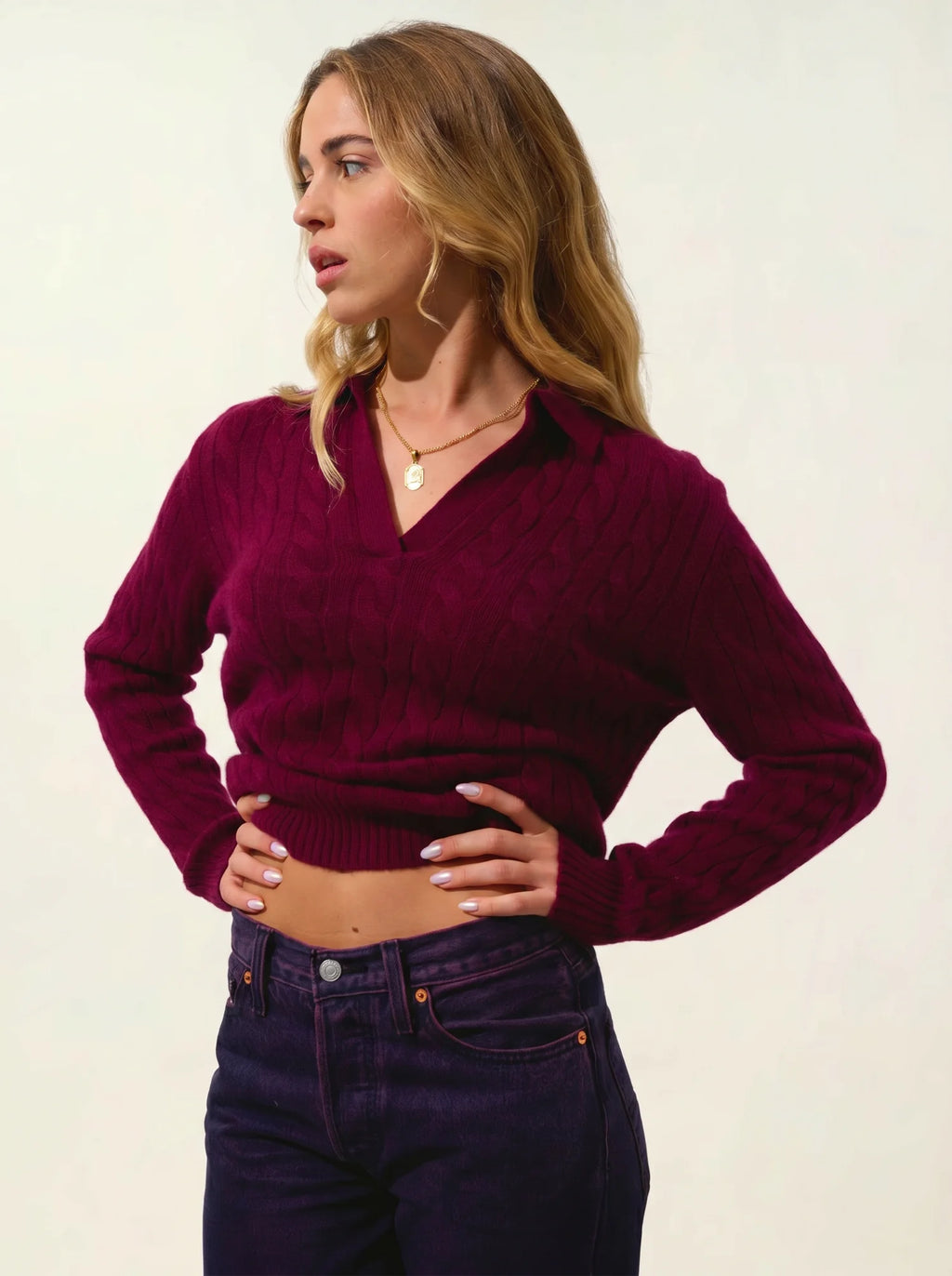 ELYSANDRA Pullover Polokragen offen 4-fädig Bordeaux