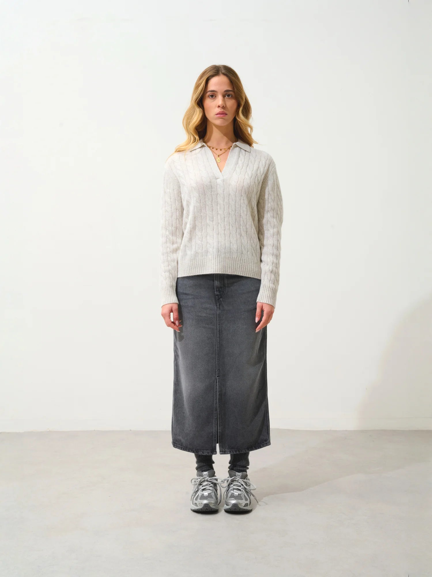 ELYSANDRA pull col polo ouvert 4 fils gris perle chiné