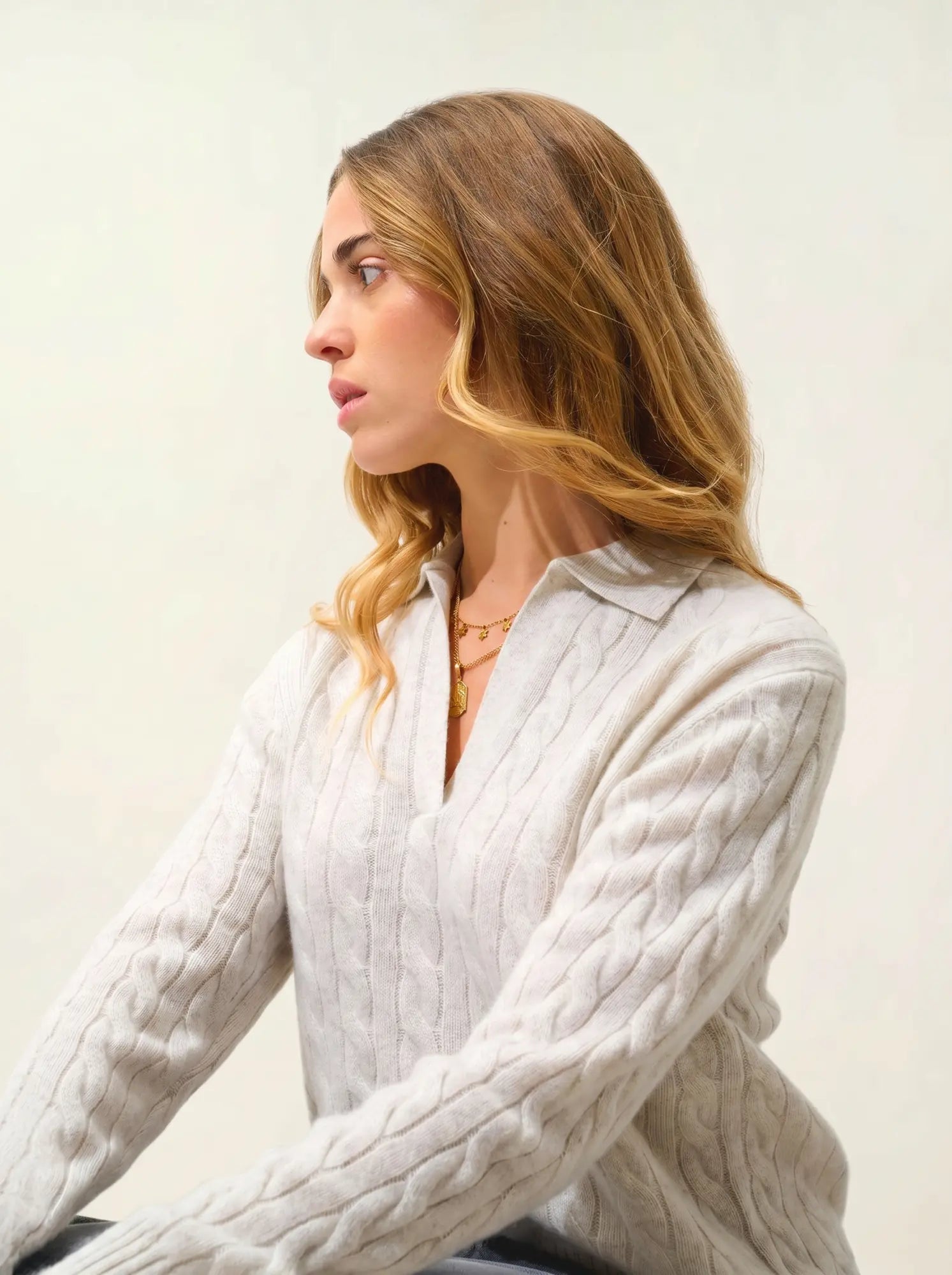 ELYSANDRA pull col polo ouvert 4 fils gris perle chiné