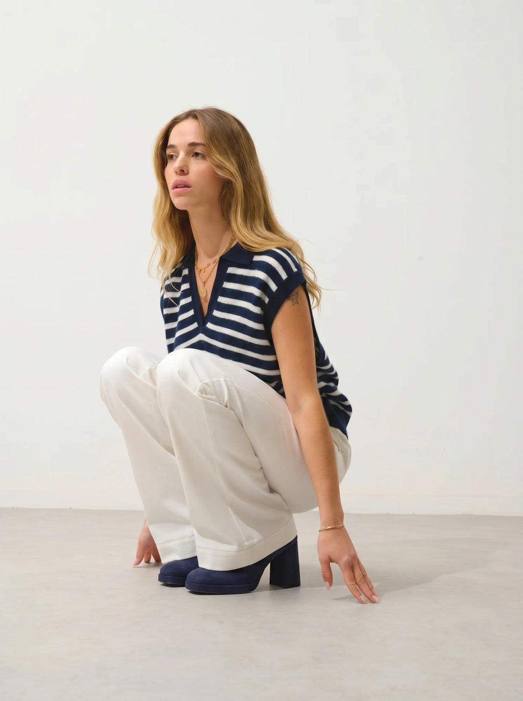 FELINA Pullover Polokragen offen ärmellos 4-fädig Marineblau und Elfenbein