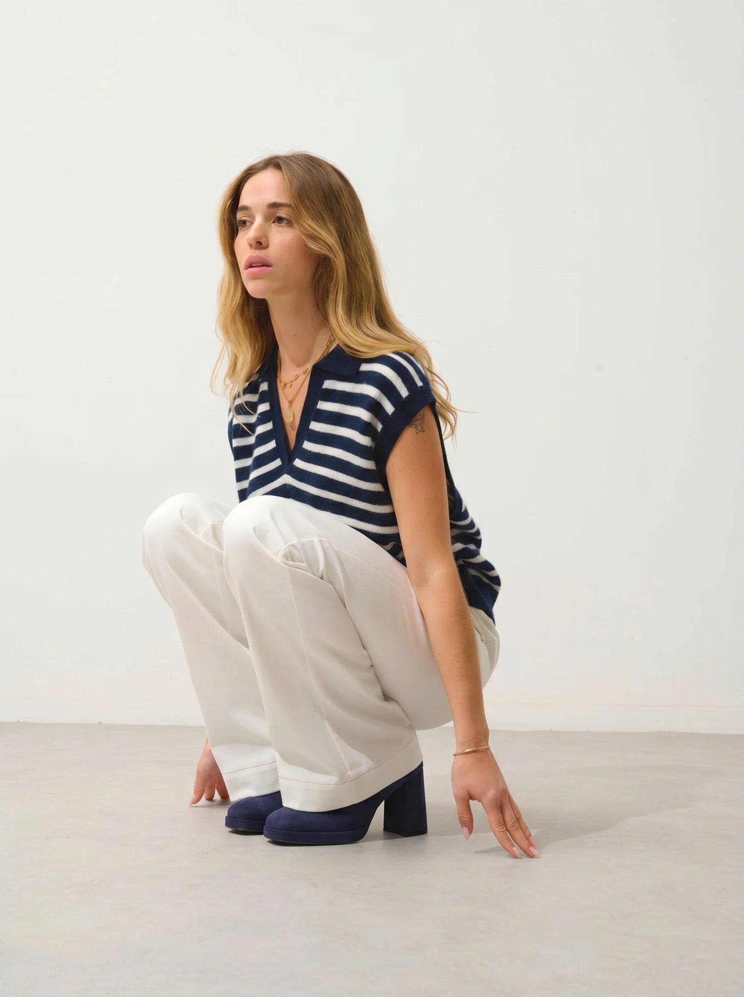 FELINA Pullover Polokragen offen ärmellos 4-fädig Marineblau und Elfenbein
