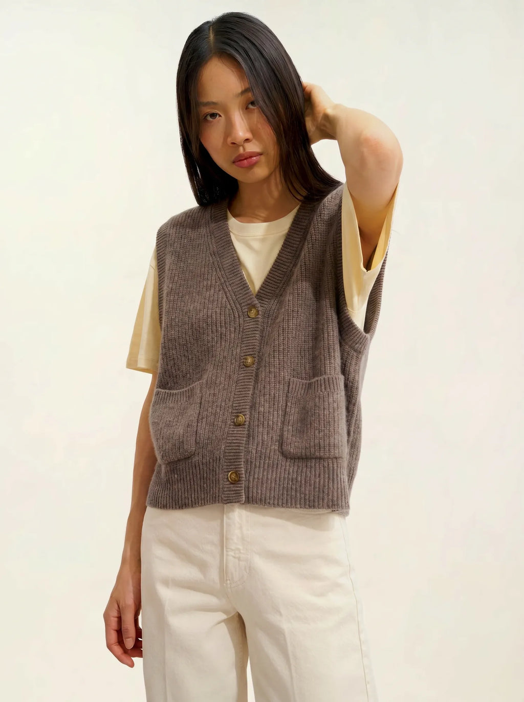 ROSAVIA cardigan col V sans manches 4 fils taupe chiné
