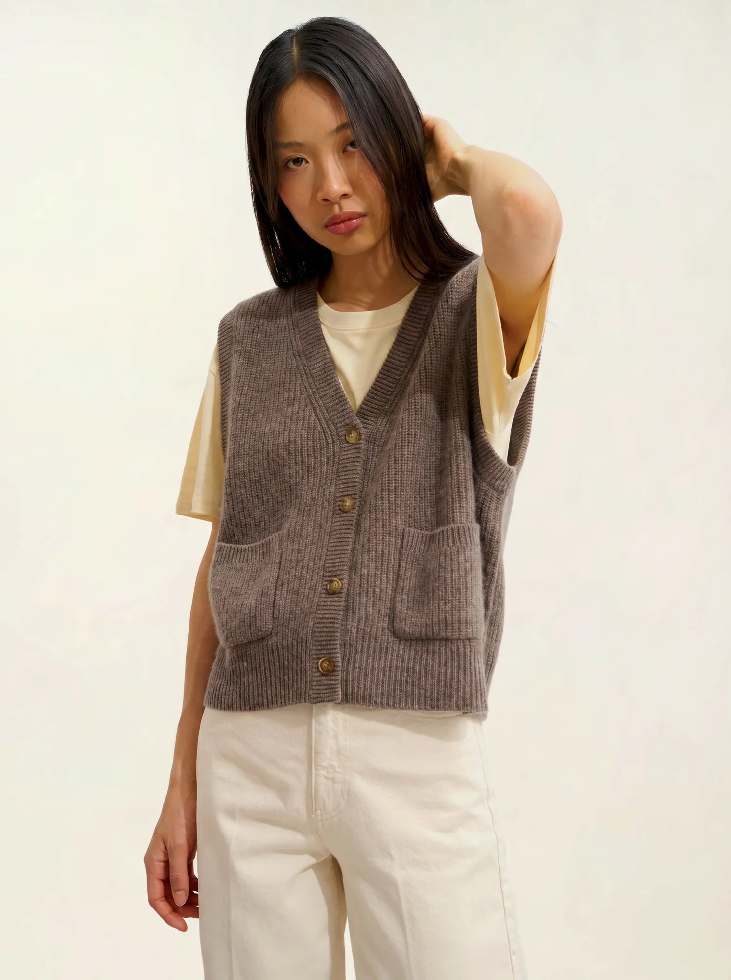 ROSAVIA cardigan col V sans manches 4 fils taupe chiné