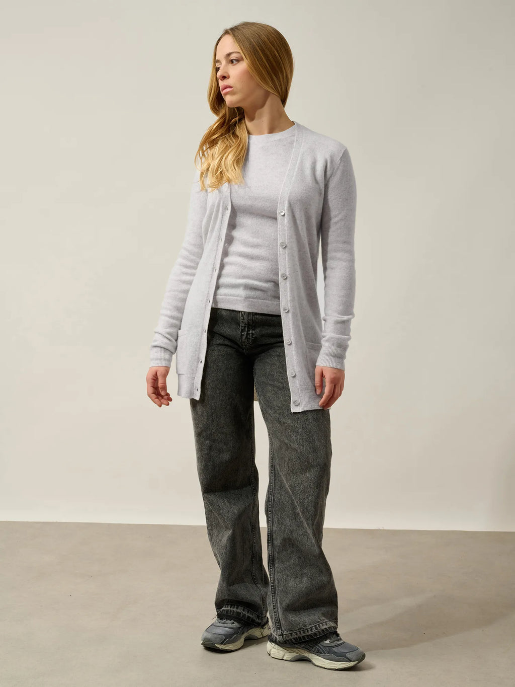 CIMET Strickjacke V-Ausschnitt Perlgrau meliert