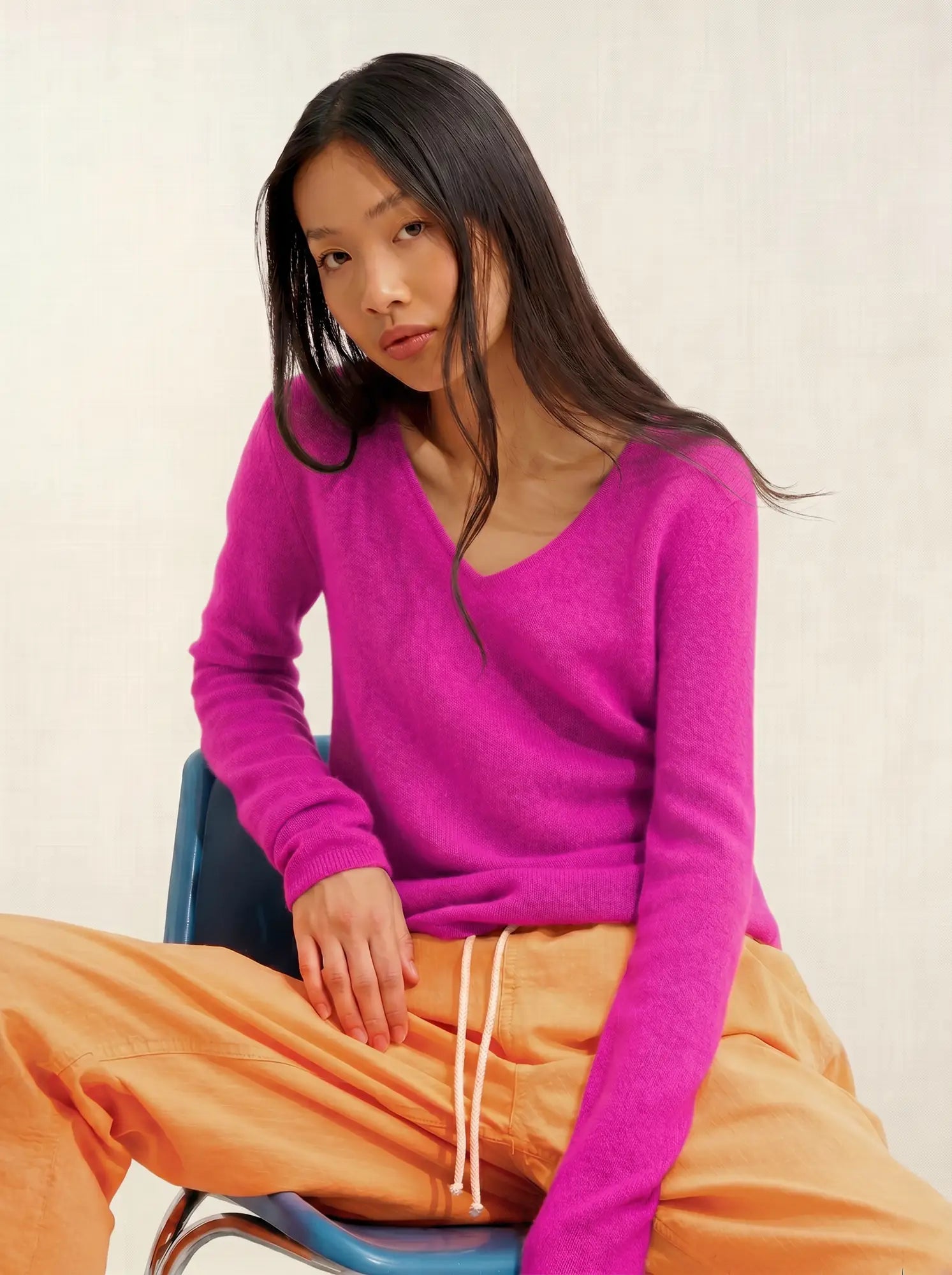CHELSEA pull col V 4 fils magenta fuchsia