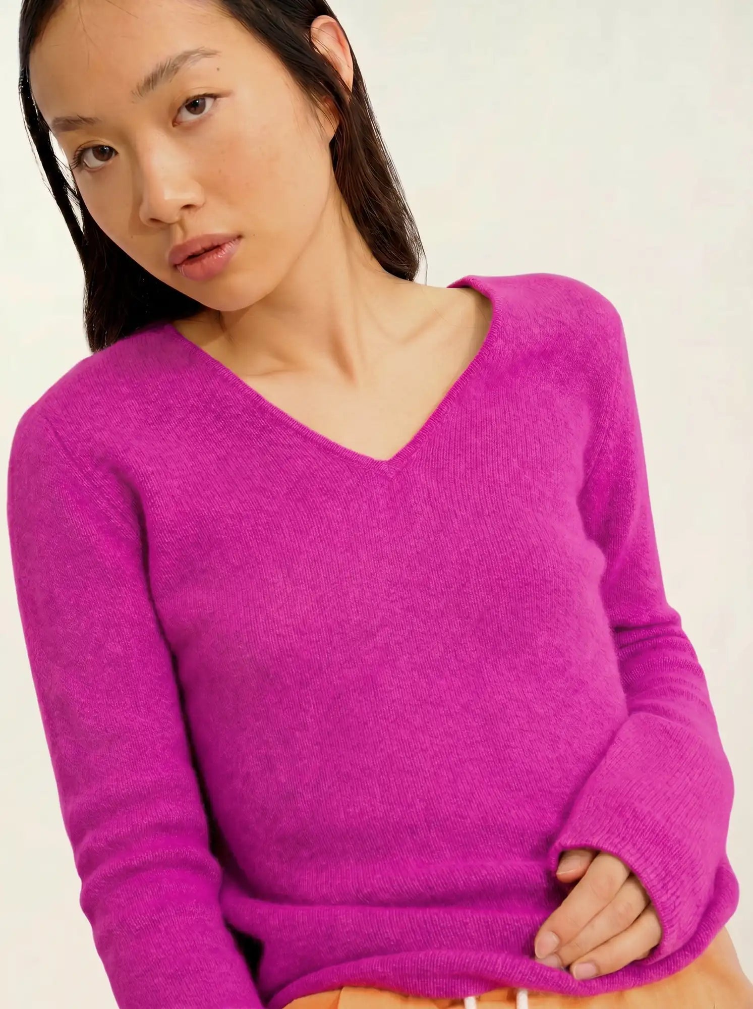 CHELSEA pull col V 4 fils magenta fuchsia
