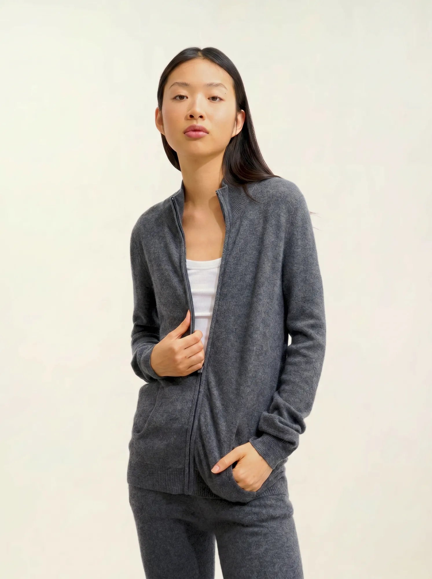 THALUN gilet zippé col montant anthracite chiné