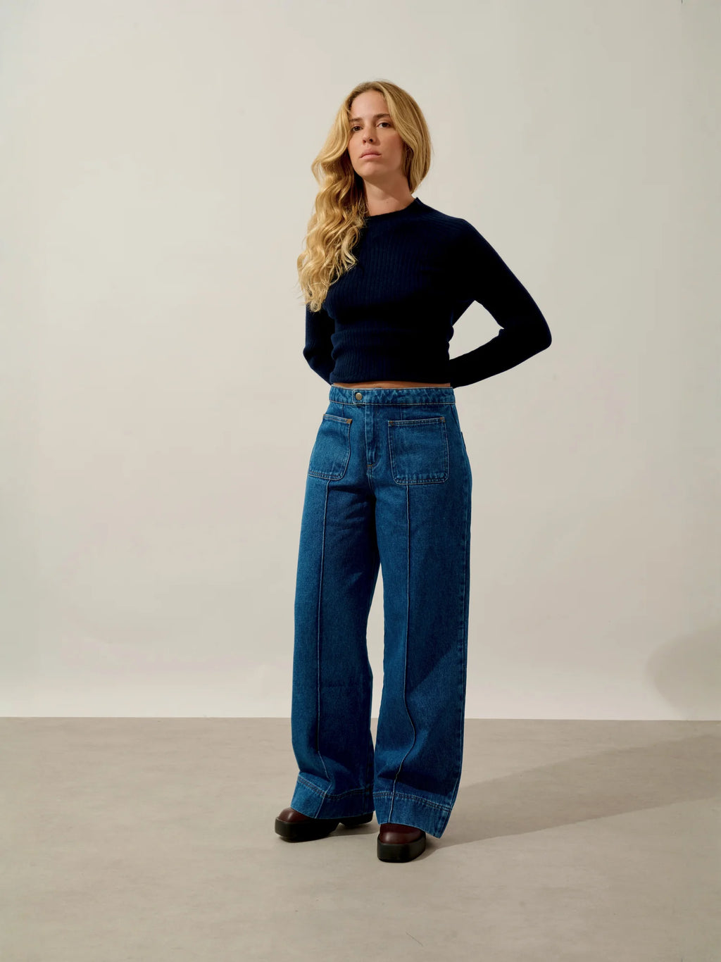 ASSIA Sweater Mock Neck Buttoned Cuffs Navy