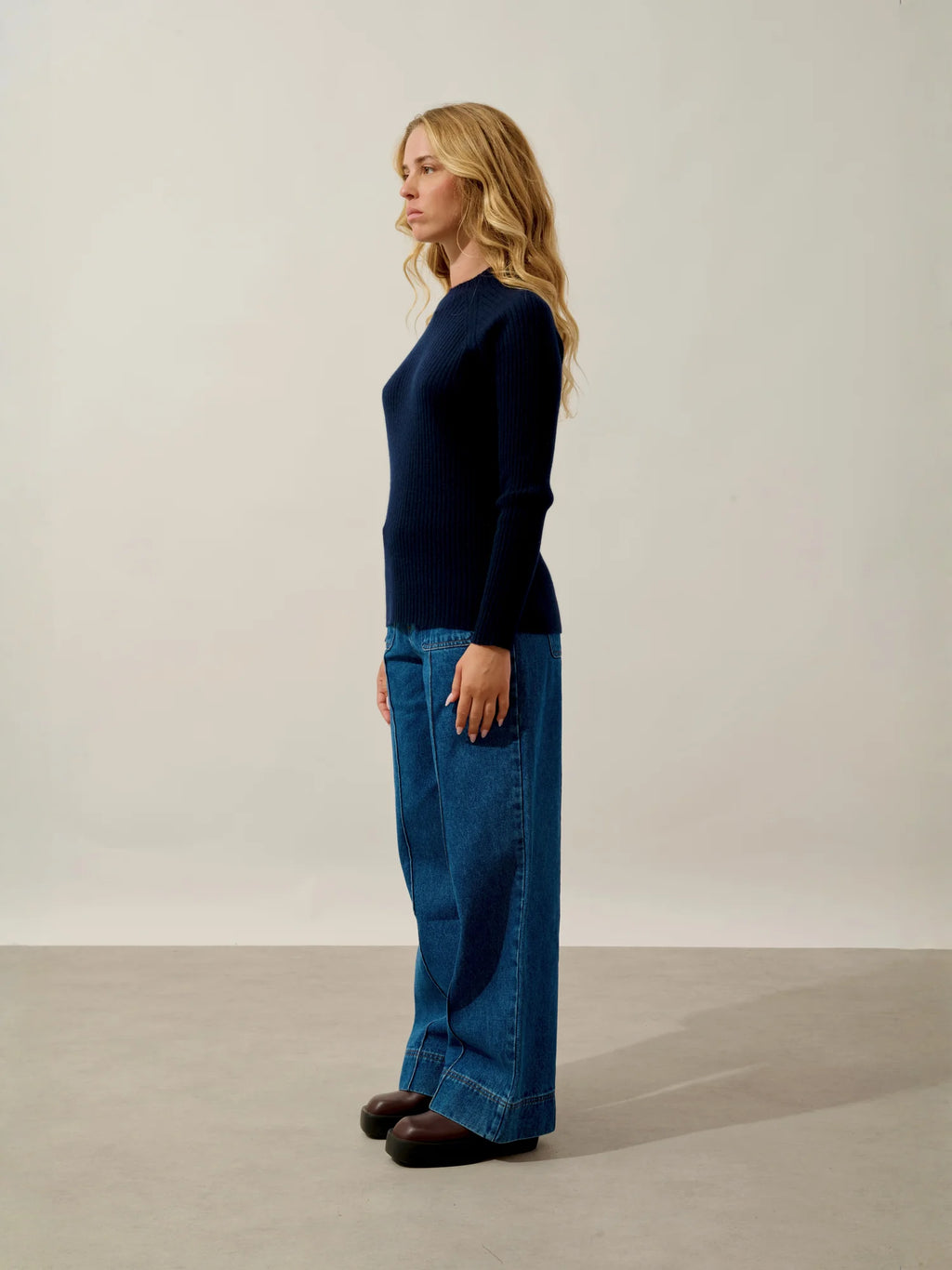 ASSIA Sweater Mock Neck Buttoned Cuffs Navy