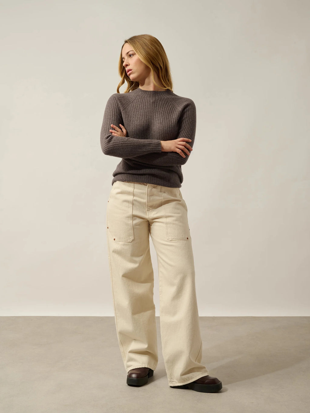 ASSIA Sweater Mock Neck Buttoned Cuffs Heather Taupe