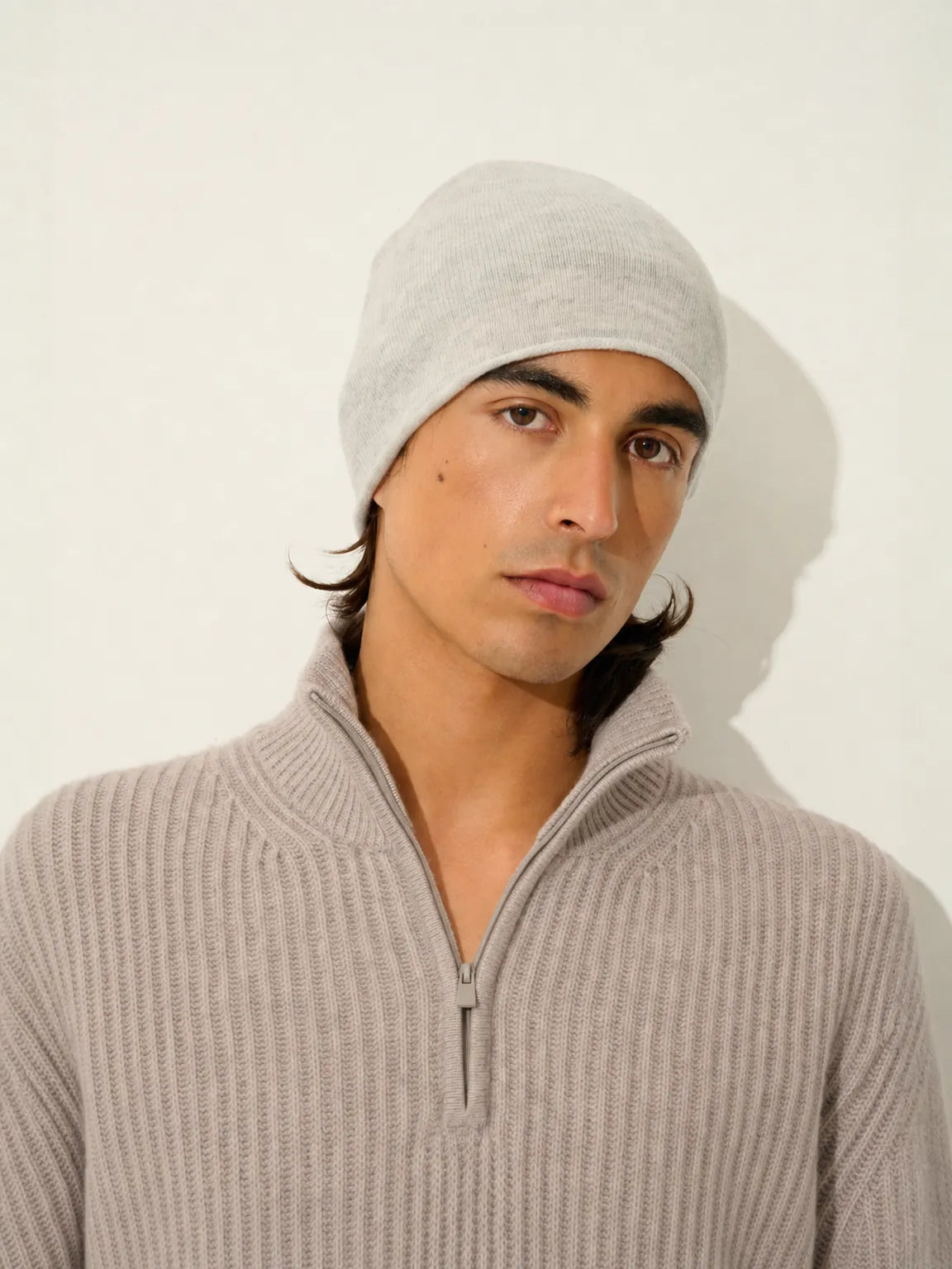 LHAMU sweater cuffed beanie 6 ply light heather taupe